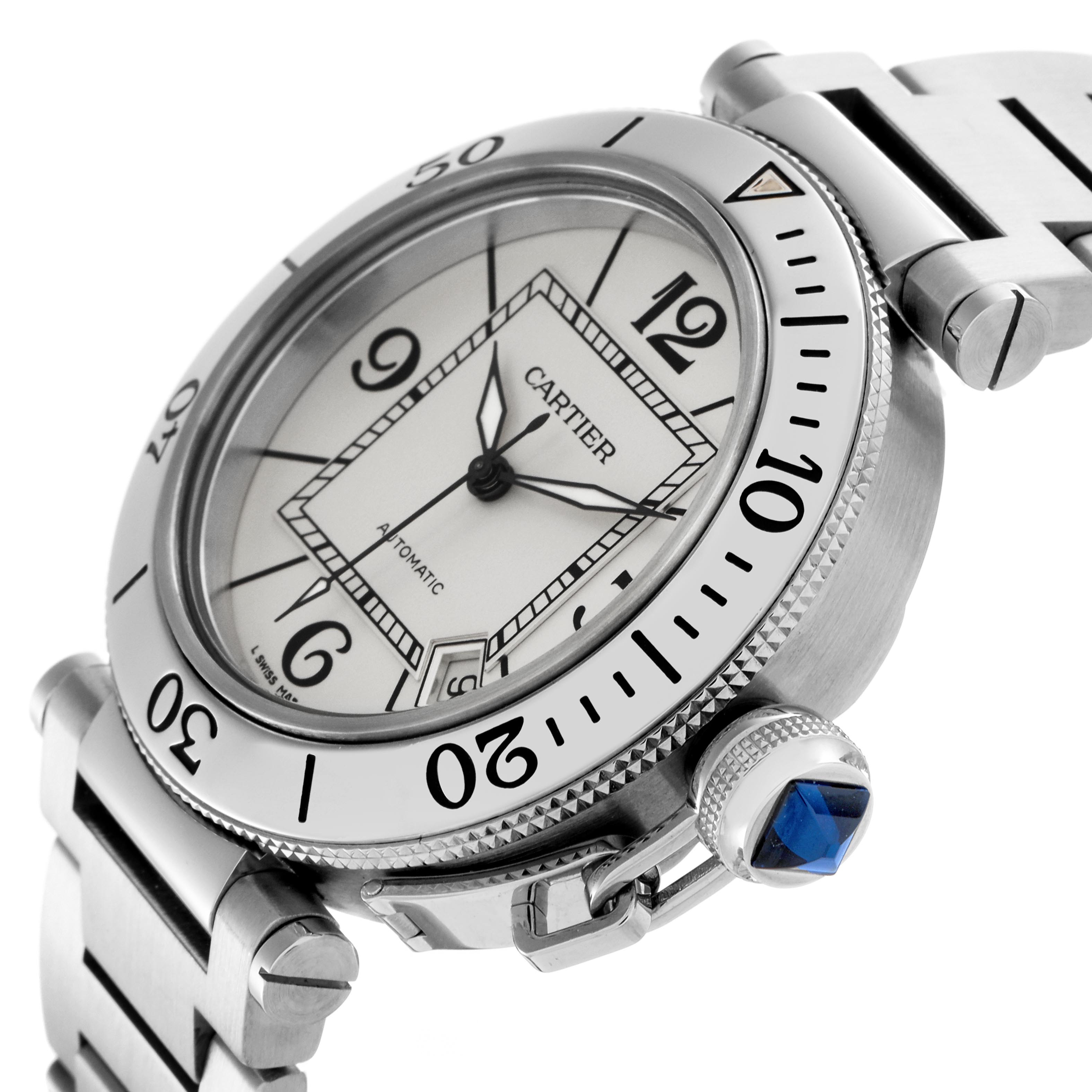 The image shows a Cartier Pasha W31080M7 Men
s Stainless Steel Silver Dial W31080M7 Men
s Stainless Steel Silver Dial watch at an angled view, highlighting the bezel, dial, crown with blue cabochon, and bracelet.