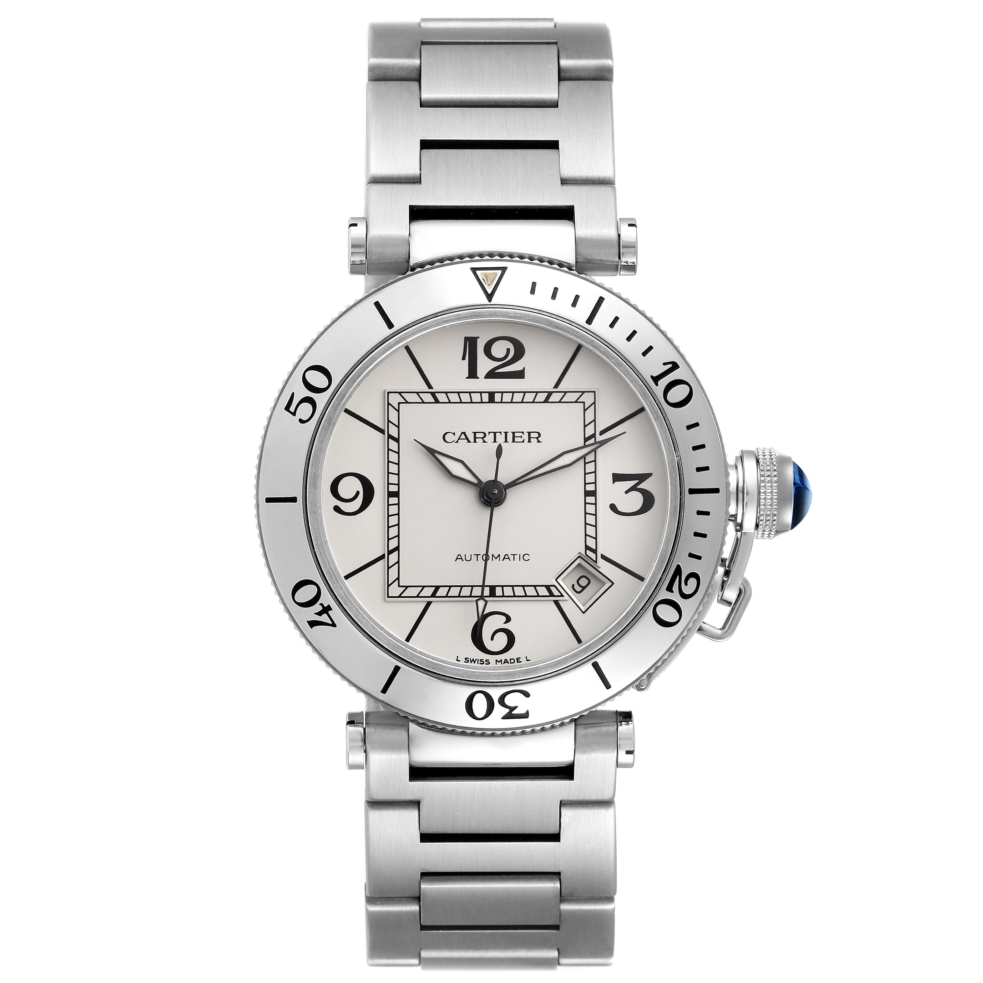 The Cartier Pasha W31080M7 Men
s Stainless Steel Silver Dial W31080M7 Men
s Stainless Steel Silver Dial watch is shown from a front angle, highlighting the dial, bezel, bracelet, and cabochon-capped crown.