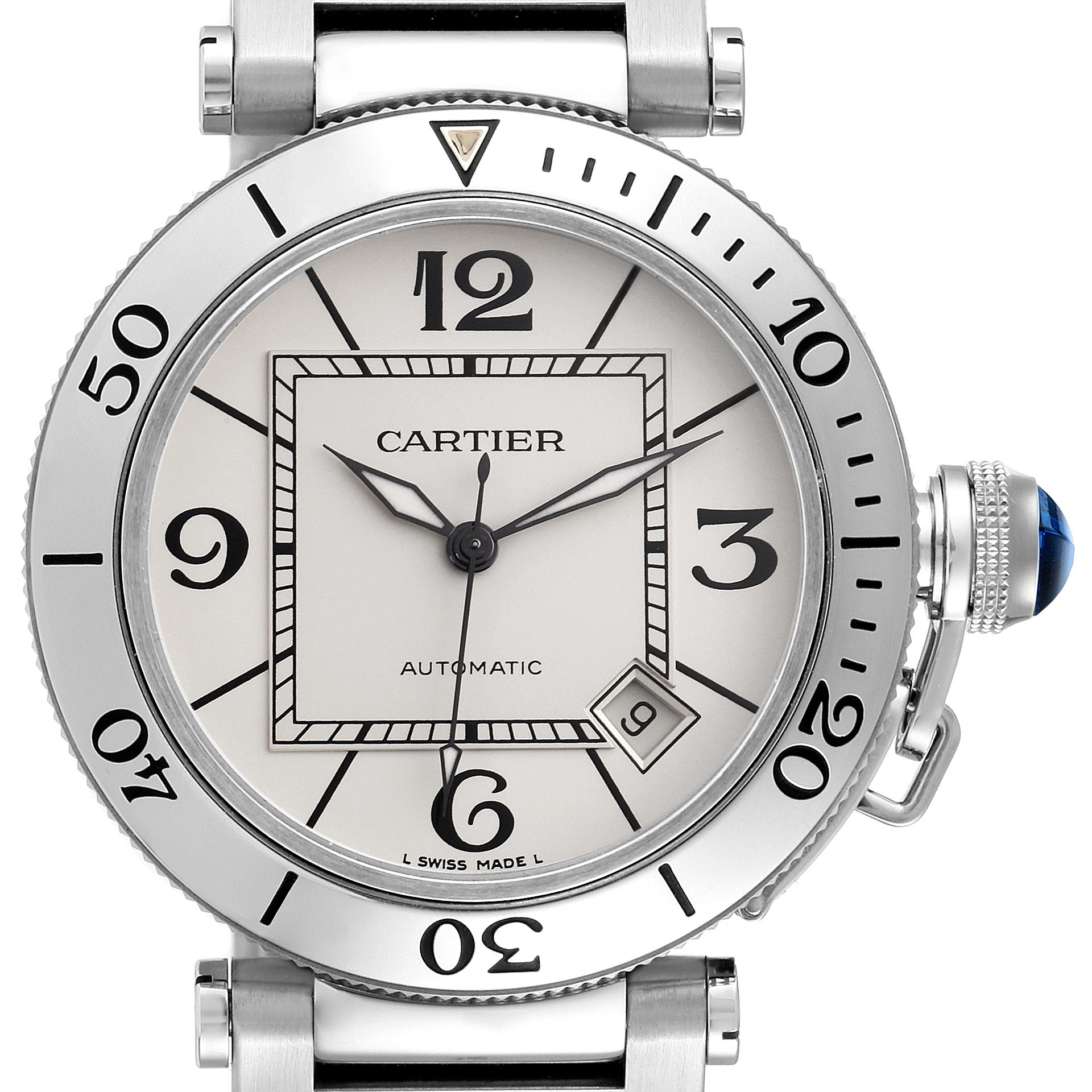 The Cartier Pasha W31080M7 Men
s Stainless Steel Silver Dial W31080M7 Men
s Stainless Steel Silver Dial watch is shown from a front angle, displaying the dial, bezel, crown, and lugs.
