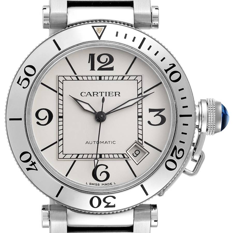 The Cartier Pasha watch is shown from a front angle, displaying the dial, bezel, crown, and lugs.