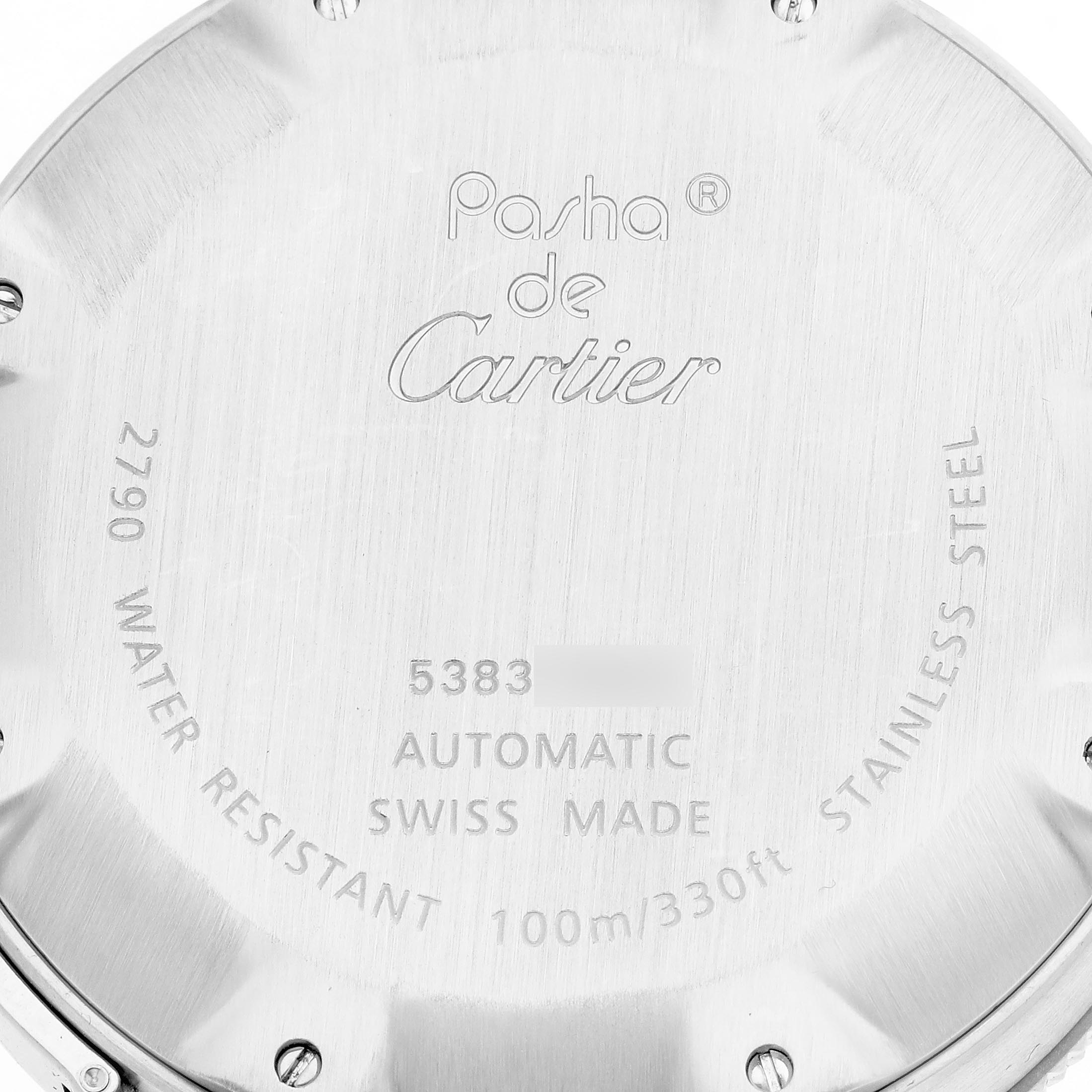 The image shows the back case of a Cartier Pasha W31080M7 Men
s Stainless Steel Silver Dial W31080M7 Men
s Stainless Steel Silver Dial watch, displaying engravings and specifications.
