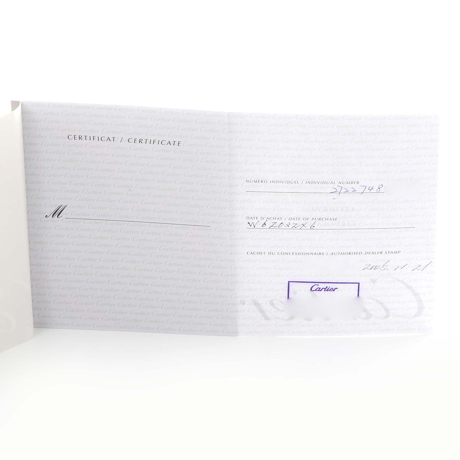 The image shows a Cartier Roadster W62032X6 Men
s Stainless Steel Silver Dial W62032X6 Men
s Stainless Steel Silver Dial watch certificate with purchase details.