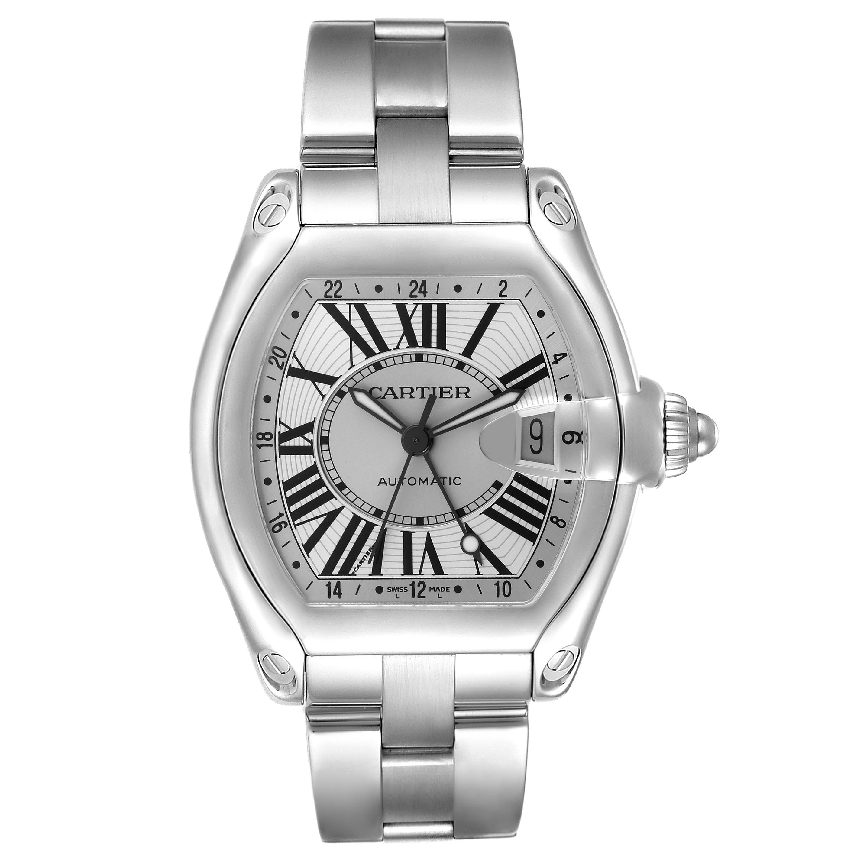 The Cartier Roadster W62032X6 Men
s Stainless Steel Silver Dial W62032X6 Men
s Stainless Steel Silver Dial watch is shown from a front angle, highlighting the dial, date magnifier, and bracelet.