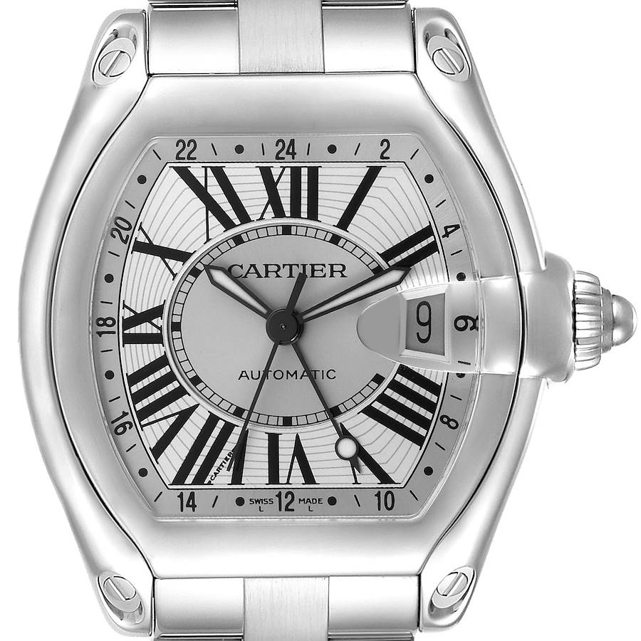 The Cartier Roadster watch is shown from a front angle, displaying the dial, case, and parts of the bracelet.