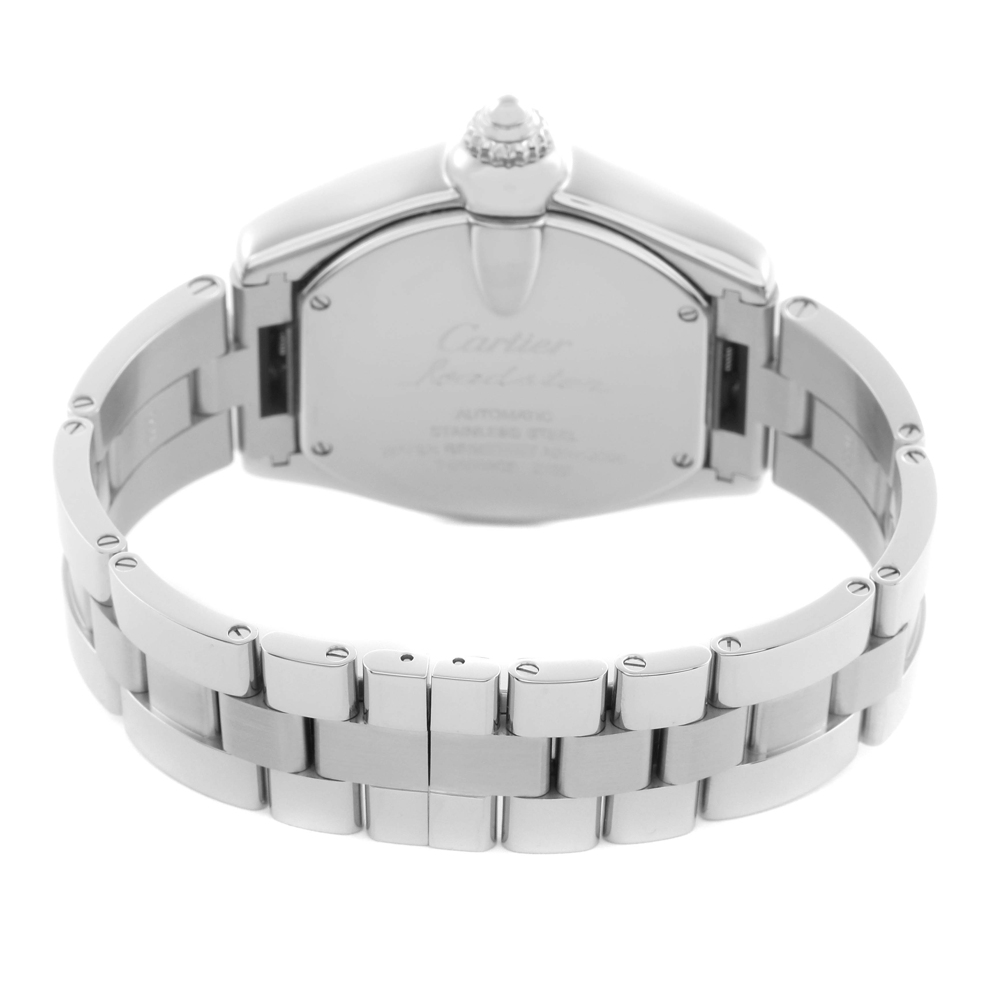 The image shows the back and bracelet of the Cartier Roadster W62032X6 Men
s Stainless Steel Silver Dial W62032X6 Men
s Stainless Steel Silver Dial watch, highlighting its clasp and case back.