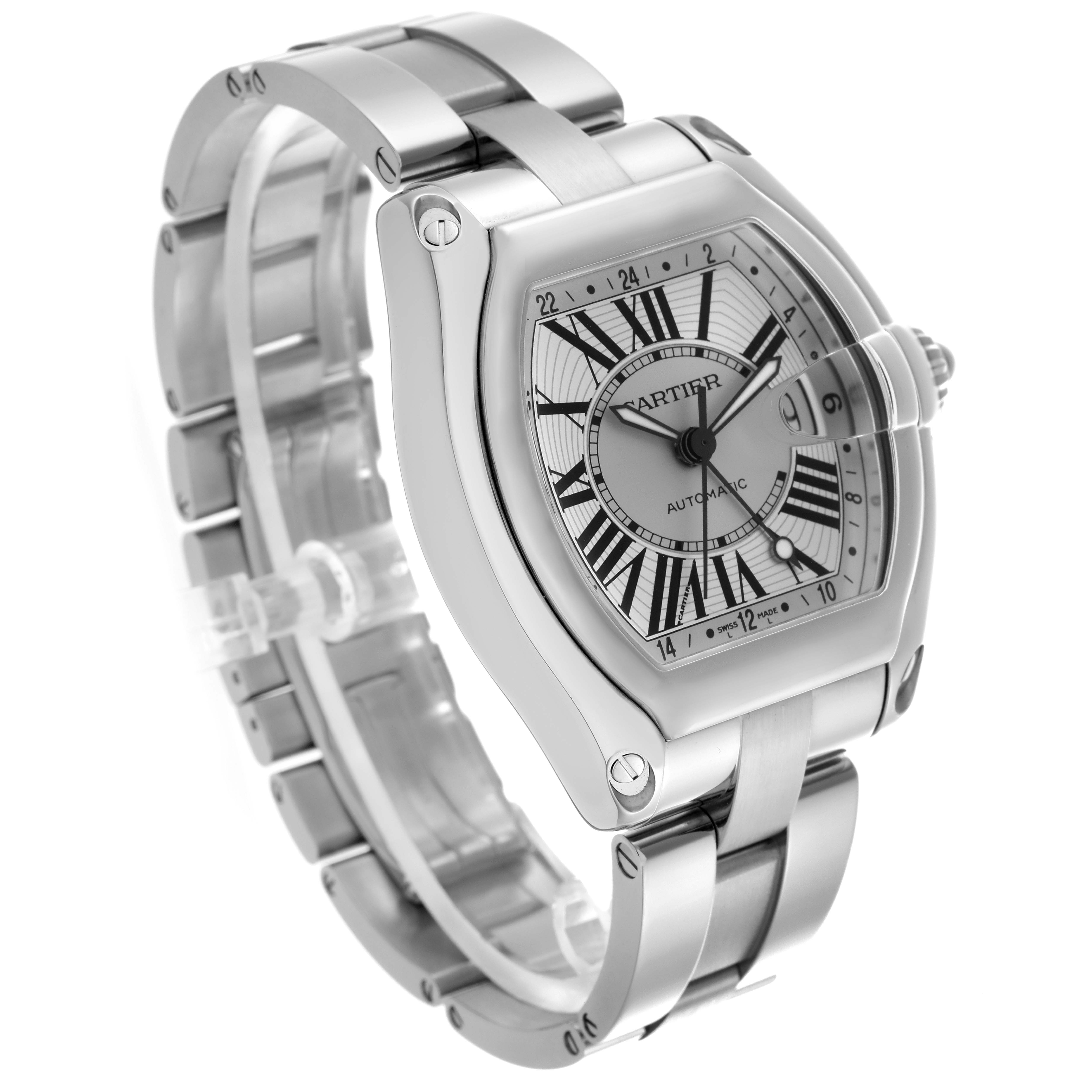 The Cartier Roadster W62032X6 Men
s Stainless Steel Silver Dial W62032X6 Men
s Stainless Steel Silver Dial watch is shown at a three-quarter angle, highlighting its face, bezel, and stainless steel bracelet.