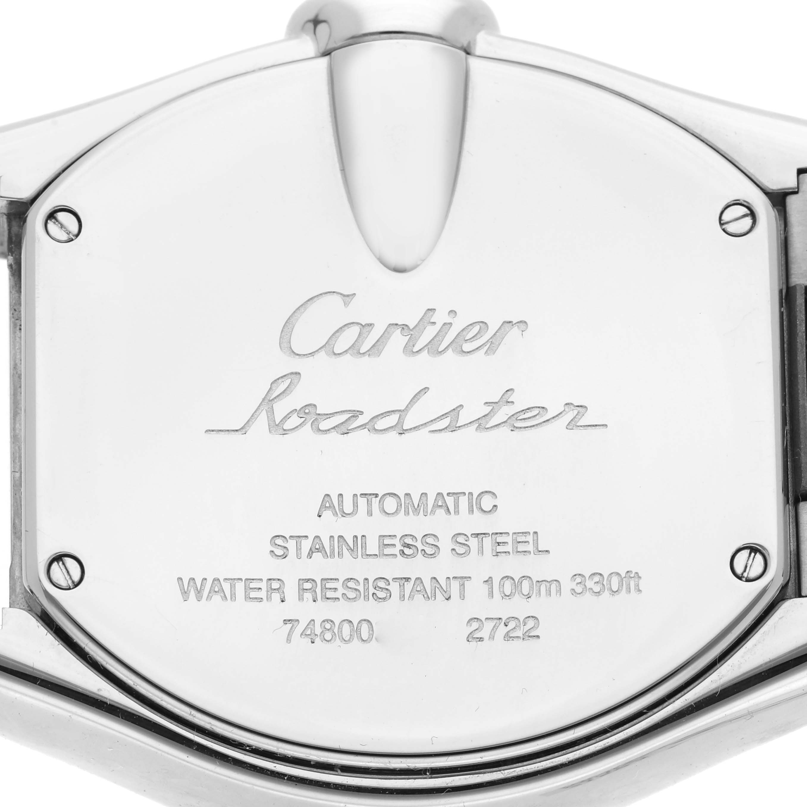 The image shows the back view of a Cartier Roadster W62032X6 Men
s Stainless Steel Silver Dial W62032X6 Men
s Stainless Steel Silver Dial watch, highlighting the engraved details on the stainless steel case.