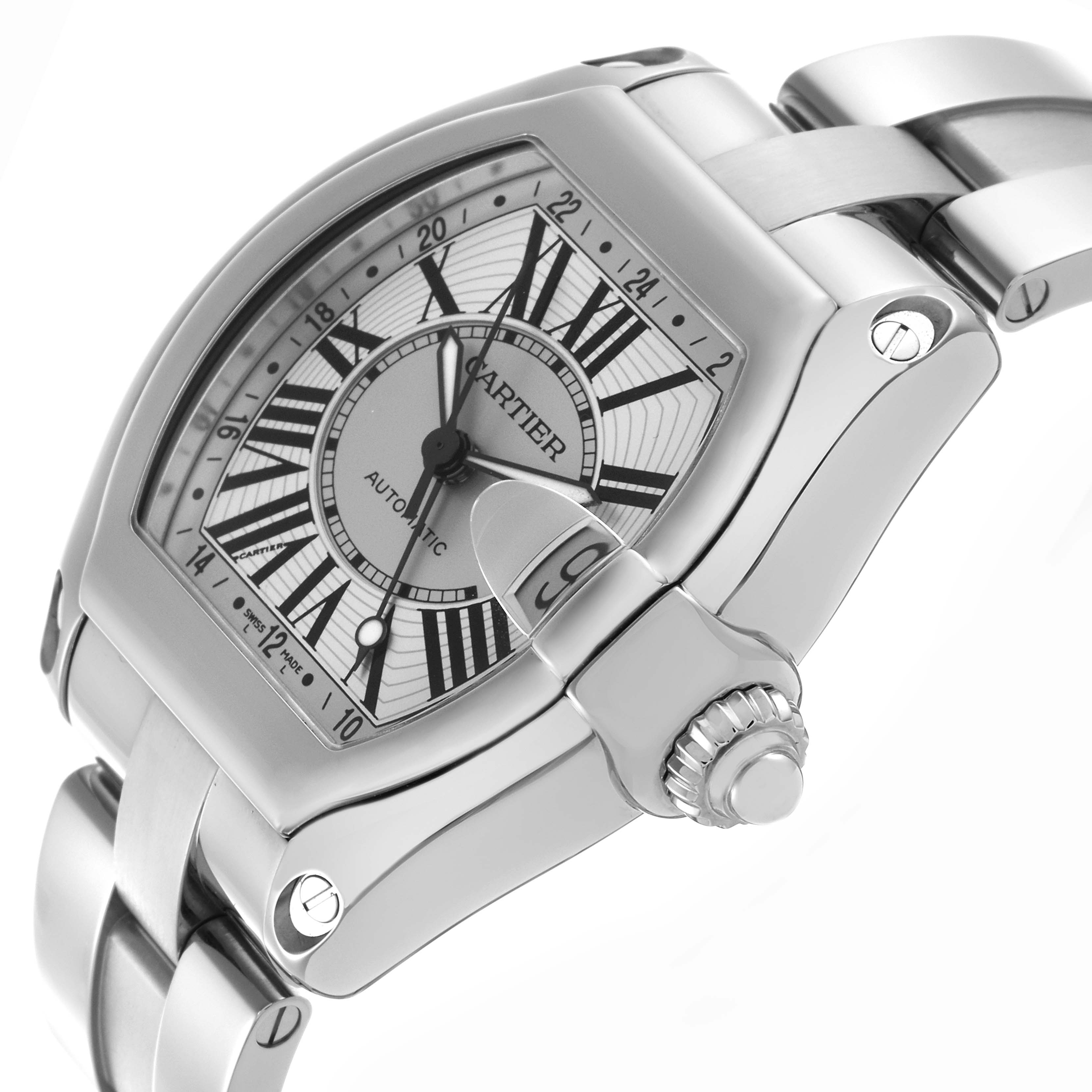 The Cartier Roadster W62032X6 Men
s Stainless Steel Silver Dial W62032X6 Men
s Stainless Steel Silver Dial watch is shown from a three-quarter angle, highlighting the face, crown, and part of the bracelet.
