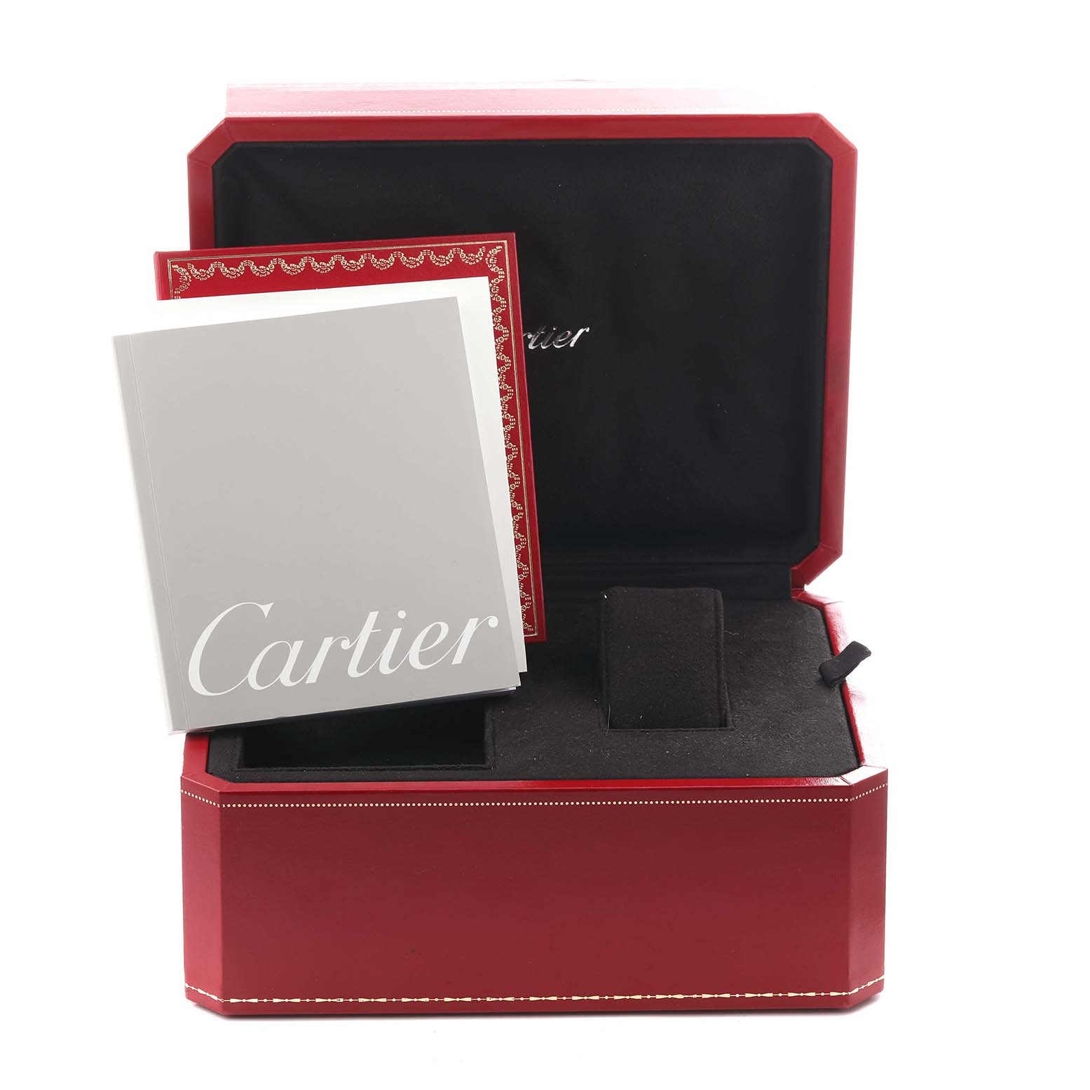 The image shows an open Cartier Roadster W62032X6 Men
s Stainless Steel Silver Dial W62032X6 Men
s Stainless Steel Silver Dial watch box with booklets, viewed from the front.