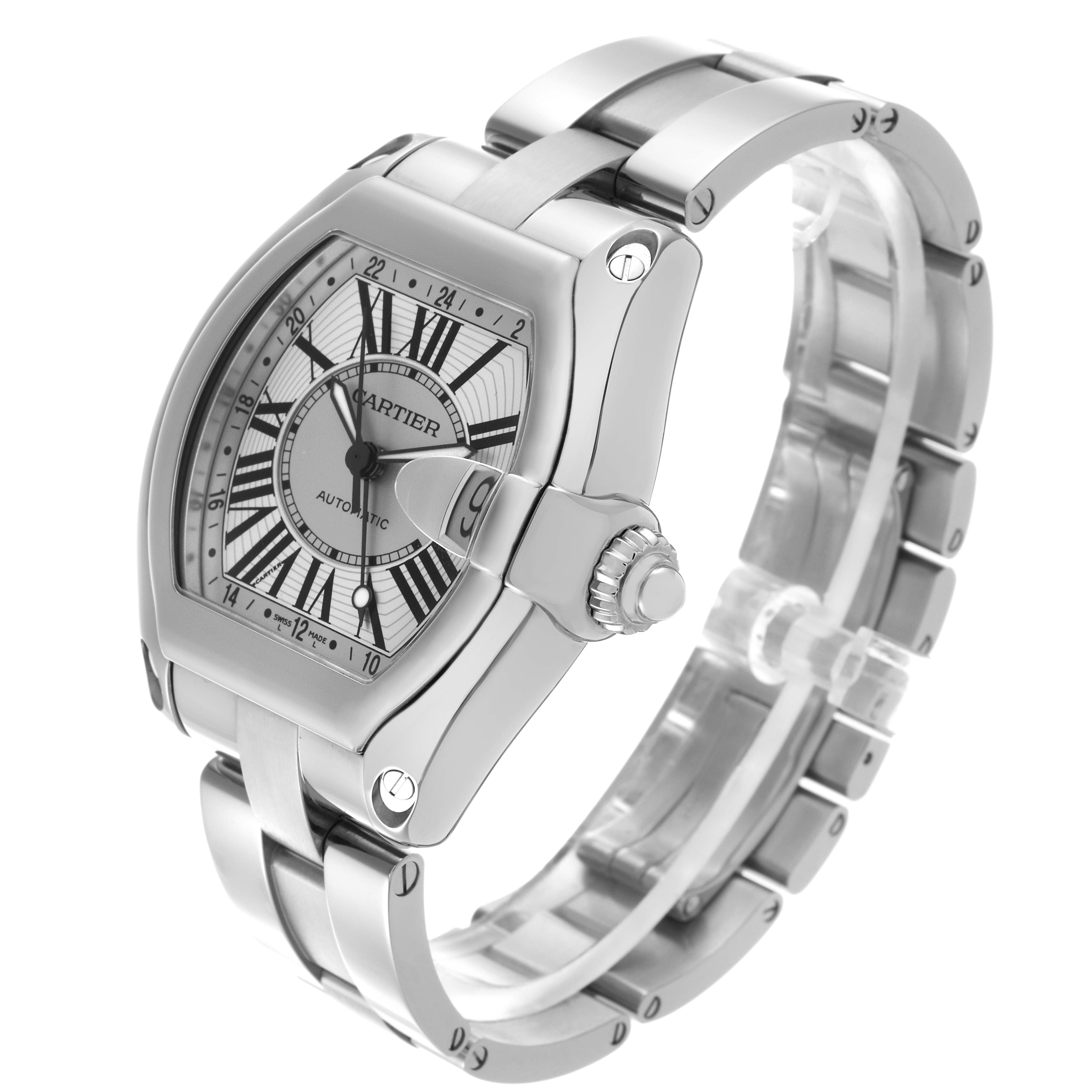 The Cartier Roadster W62032X6 Men
s Stainless Steel Silver Dial W62032X6 Men
s Stainless Steel Silver Dial watch is shown at a three-quarter angle, highlighting the case, dial, crown, and bracelet.