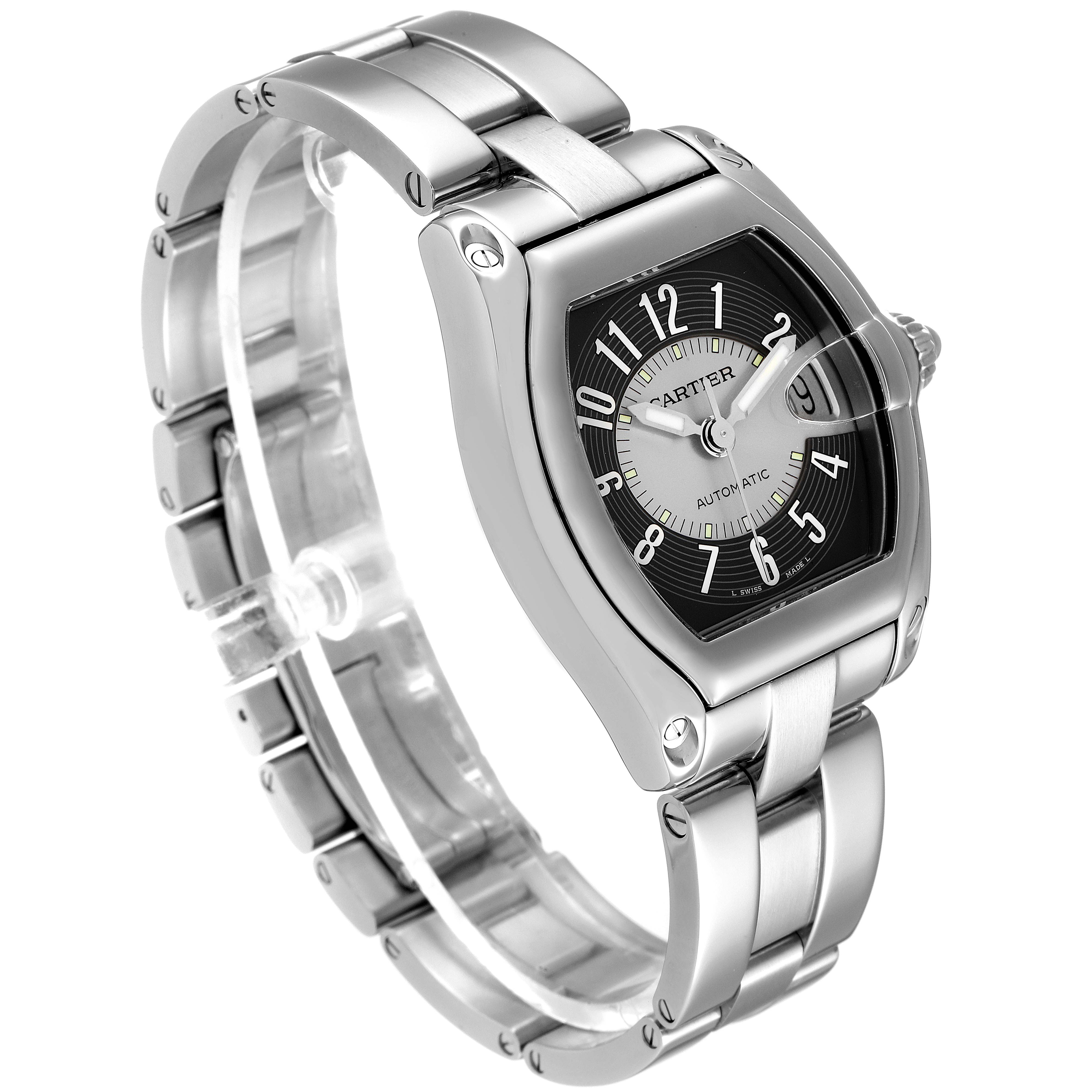 This image shows a Cartier Roadster W62001V3 Men's Stainless Steel Grey Dial W62001V3 Men's Stainless Steel Grey Dial watch from an angled side view, highlighting its face, bracelet, and case.