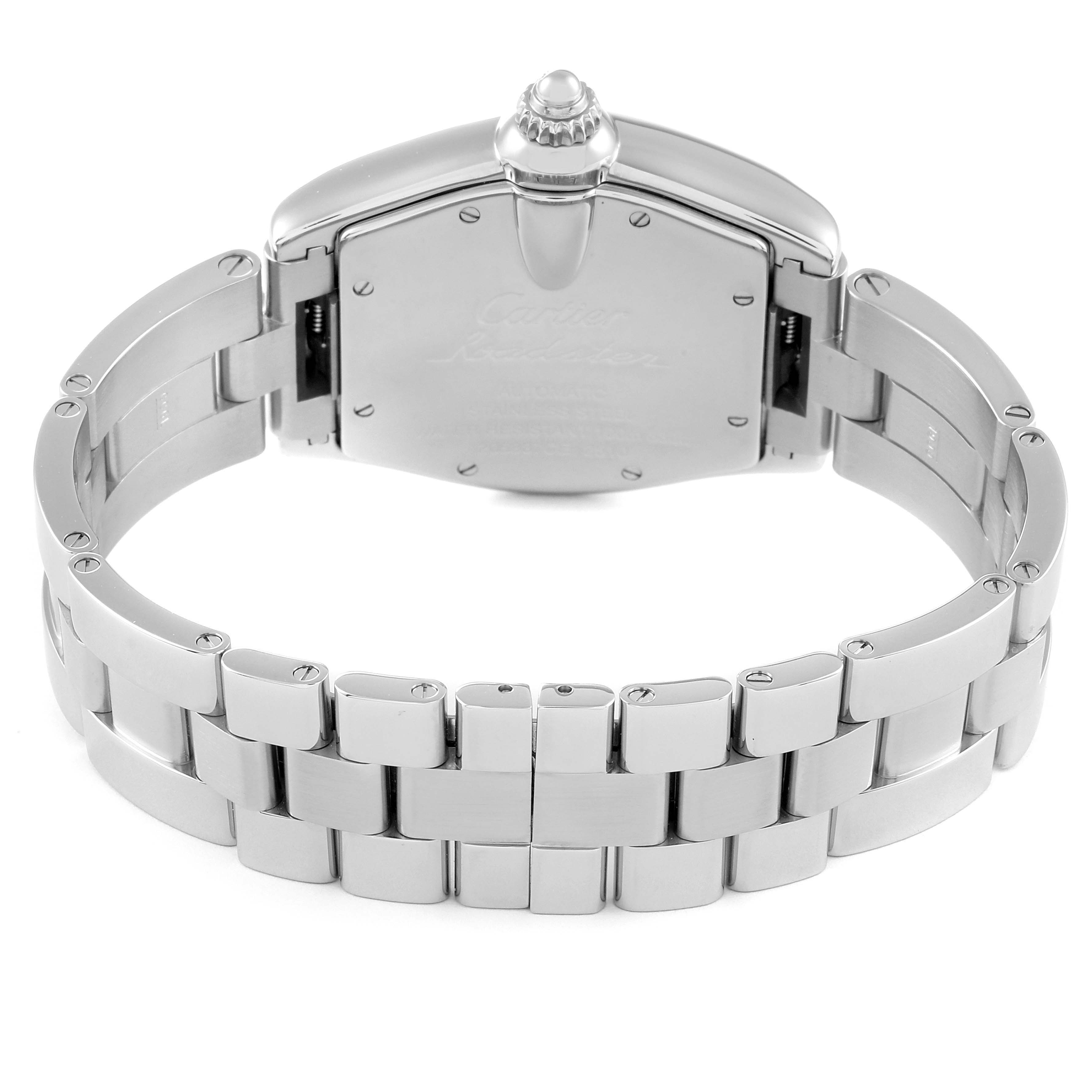 The image shows the back case and bracelet of a Cartier Roadster W62001V3 Men's Stainless Steel Grey Dial W62001V3 Men's Stainless Steel Grey Dial watch from a rear angle.