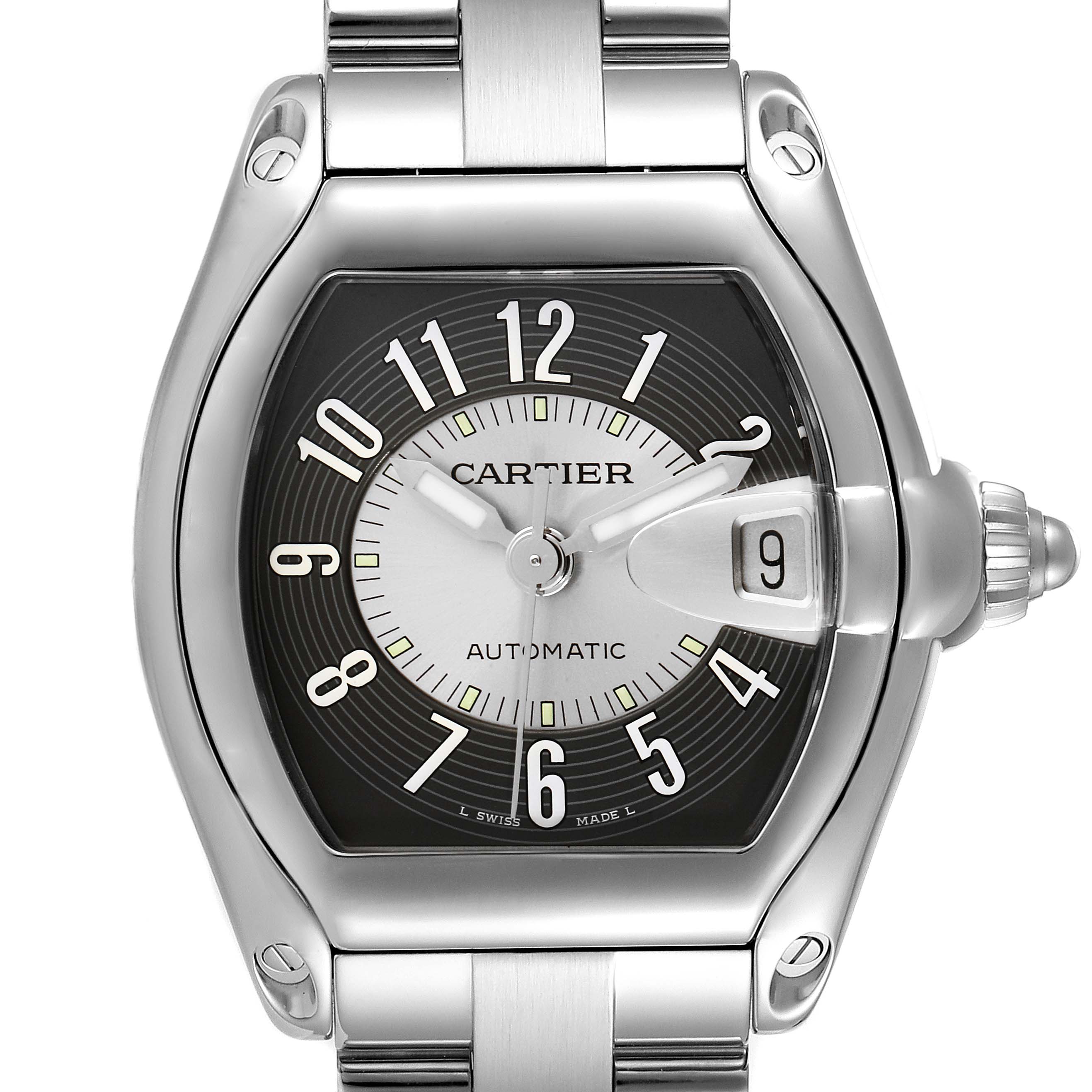 The image shows a frontal view of the Cartier Roadster W62001V3 Men's Stainless Steel Grey Dial W62001V3 Men's Stainless Steel Grey Dial model watch, highlighting the dial, case, bracelet, and date window.