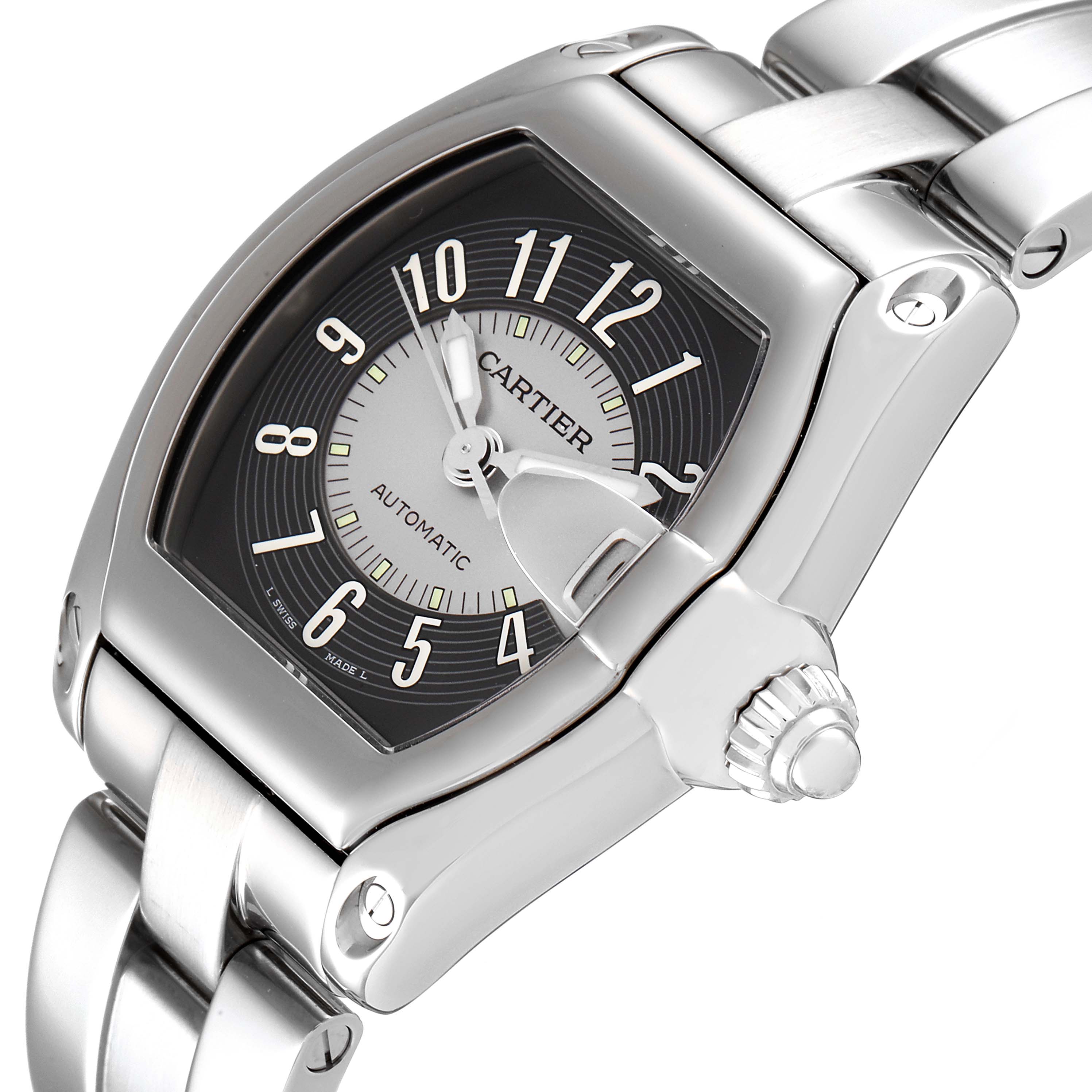 The image shows a close-up, angled view of the dial, bezel, and part of the bracelet of a Cartier Roadster W62001V3 Men's Stainless Steel Grey Dial W62001V3 Men's Stainless Steel Grey Dial watch.