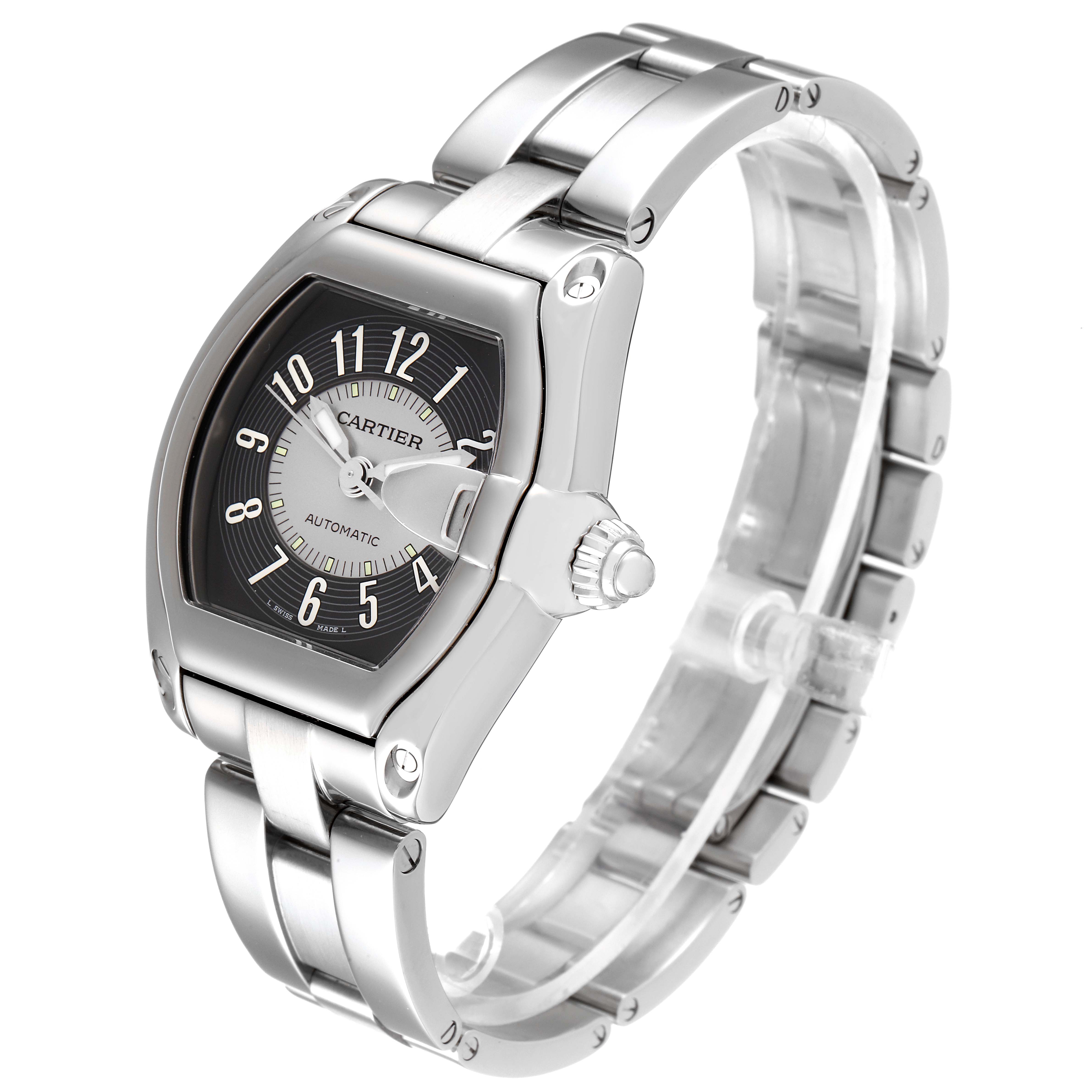 The image shows a Cartier Roadster W62001V3 Men's Stainless Steel Grey Dial W62001V3 Men's Stainless Steel Grey Dial watch at a three-quarter angle, displaying the face, bezel, case, and part of the bracelet.