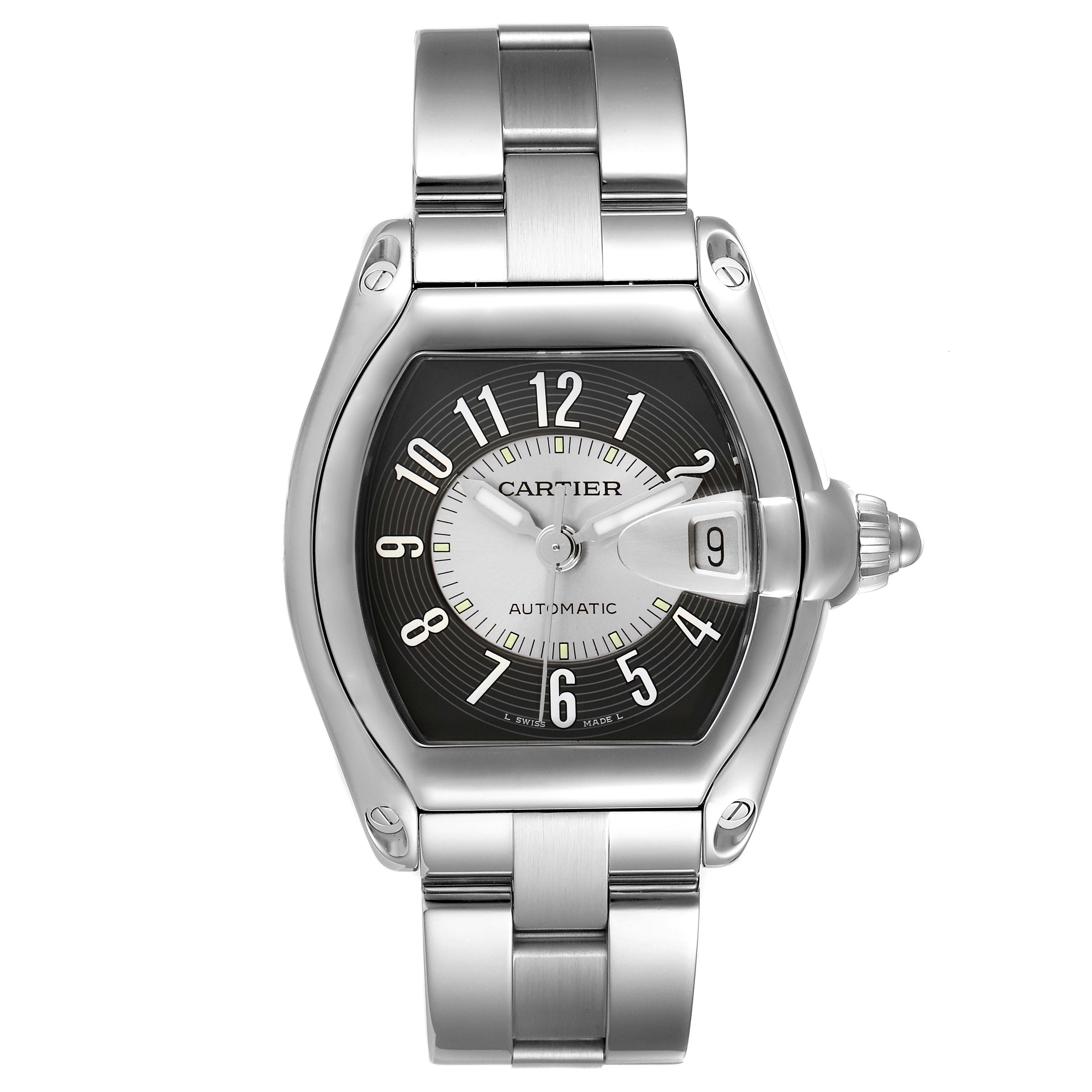 The Cartier Roadster W62001V3 Men's Stainless Steel Grey Dial W62001V3 Men's Stainless Steel Grey Dial watch is shown from a top-down angle, highlighting the face, case, and part of the bracelet.