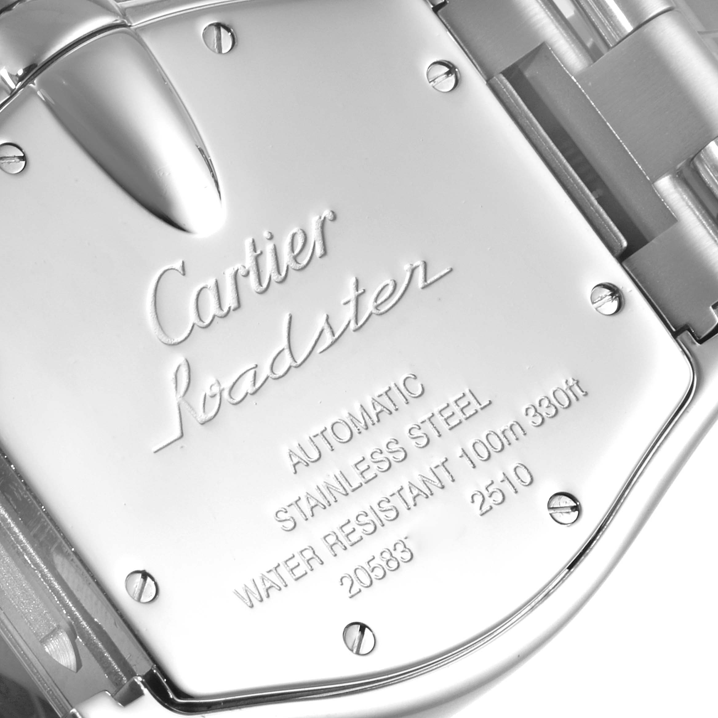 The image shows the back case of a Cartier Roadster W62001V3 Men's Stainless Steel Grey Dial W62001V3 Men's Stainless Steel Grey Dial watch, highlighting its inscriptions and part of the bracelet.