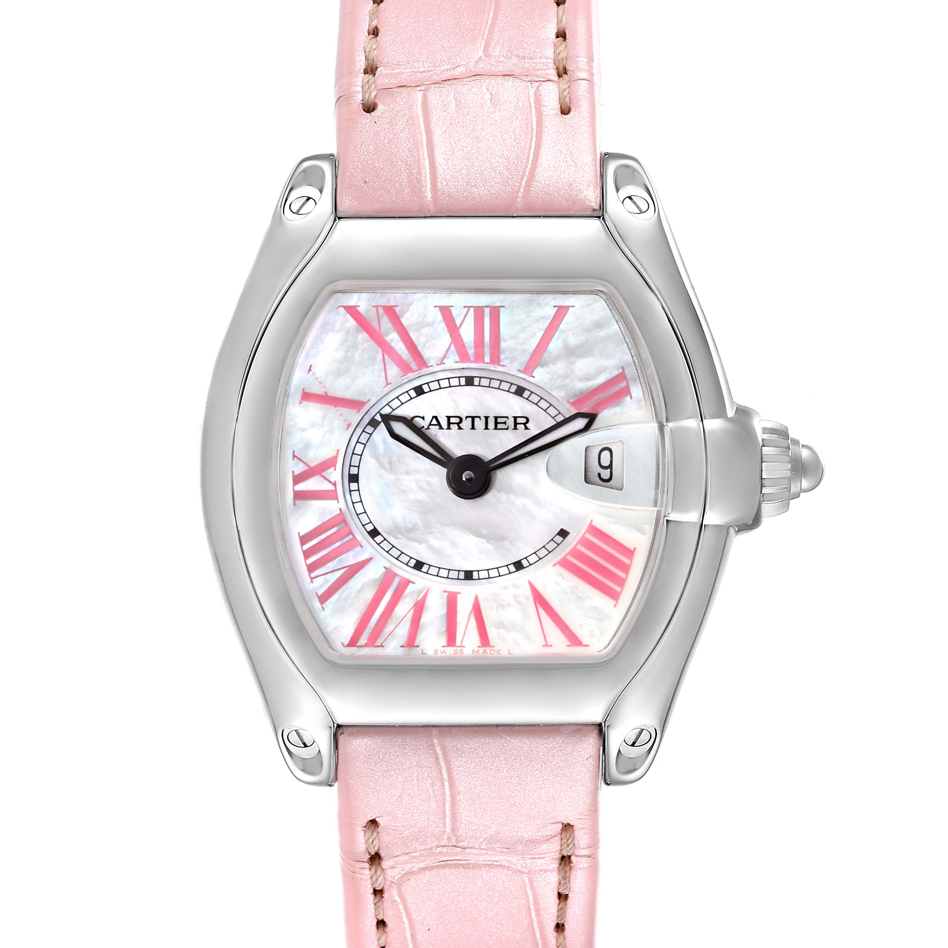 This Cartier Roadster W6206006 Women's Stainless Steel Mother of Pearl Dial W6206006 Women's Stainless Steel Mother of Pearl Dial watch is shown from the front, highlighting its face, bezel, crown, and pink strap.