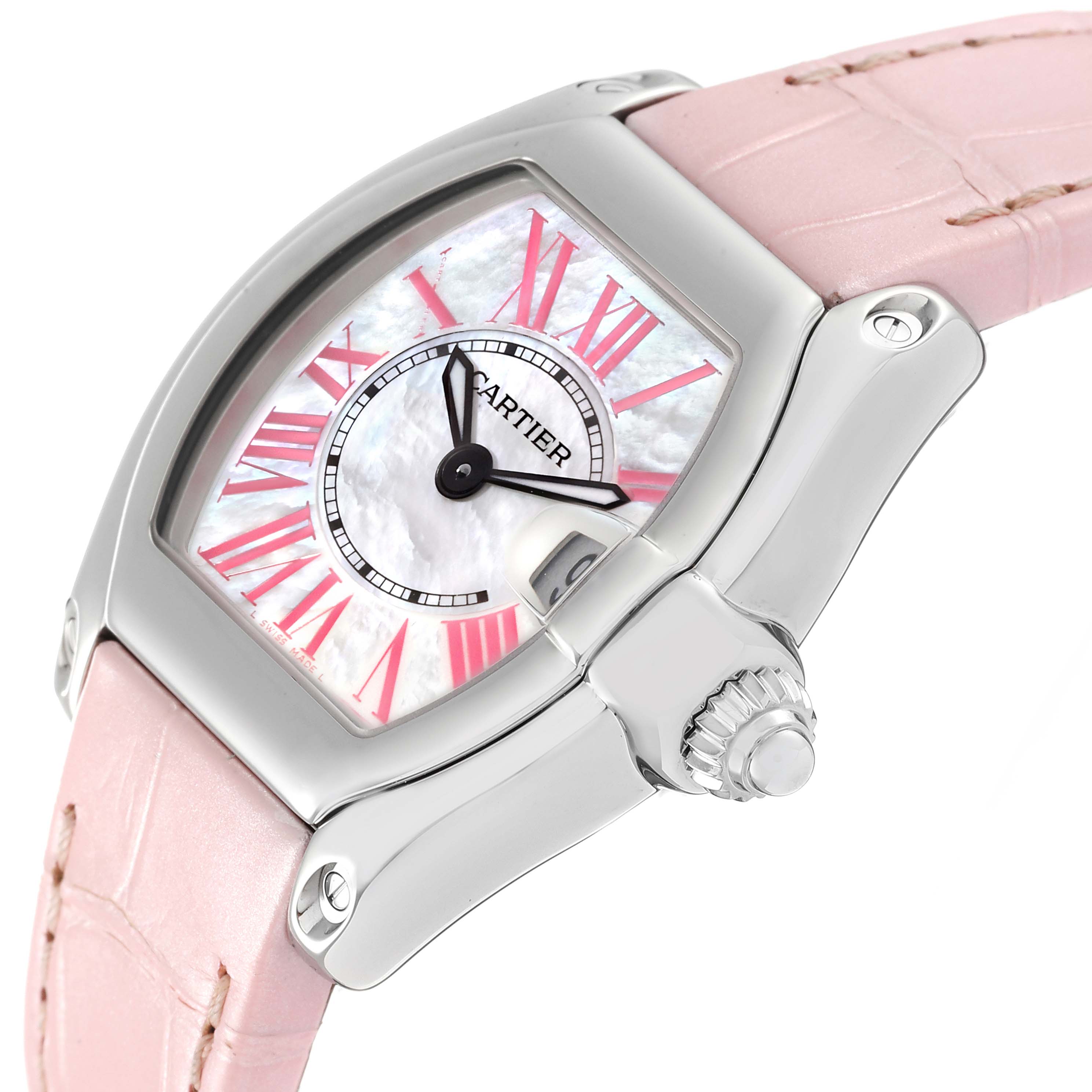 This image shows a close-up angle of a Cartier Roadster W6206006 Women's Stainless Steel Mother of Pearl Dial W6206006 Women's Stainless Steel Mother of Pearl Dial watch, featuring the face, case, and part of the pink leather strap.