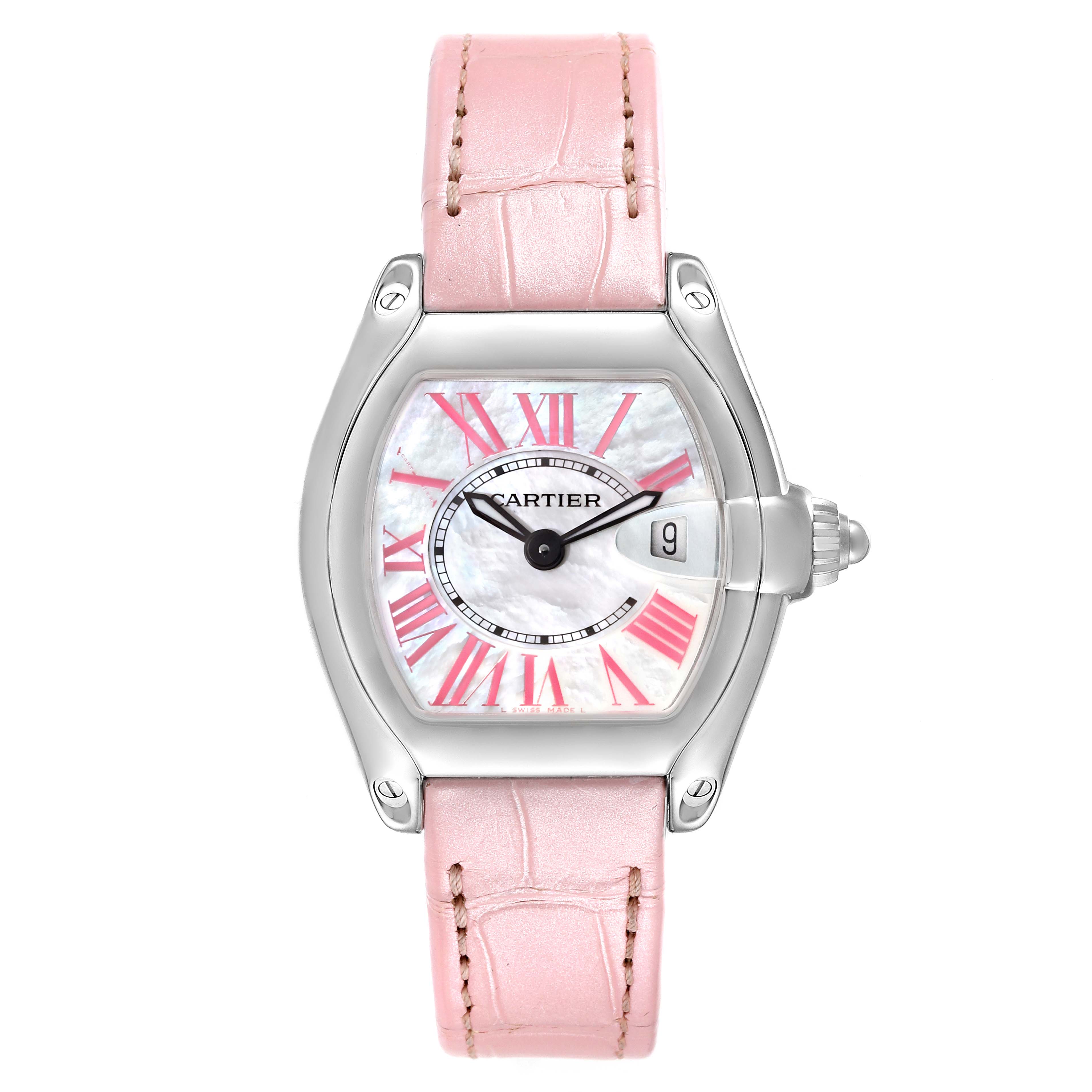 The Cartier Roadster W6206006 Women's Stainless Steel Mother of Pearl Dial W6206006 Women's Stainless Steel Mother of Pearl Dial watch is shown from the front, featuring a pink leather strap and a white dial with pink Roman numerals.
