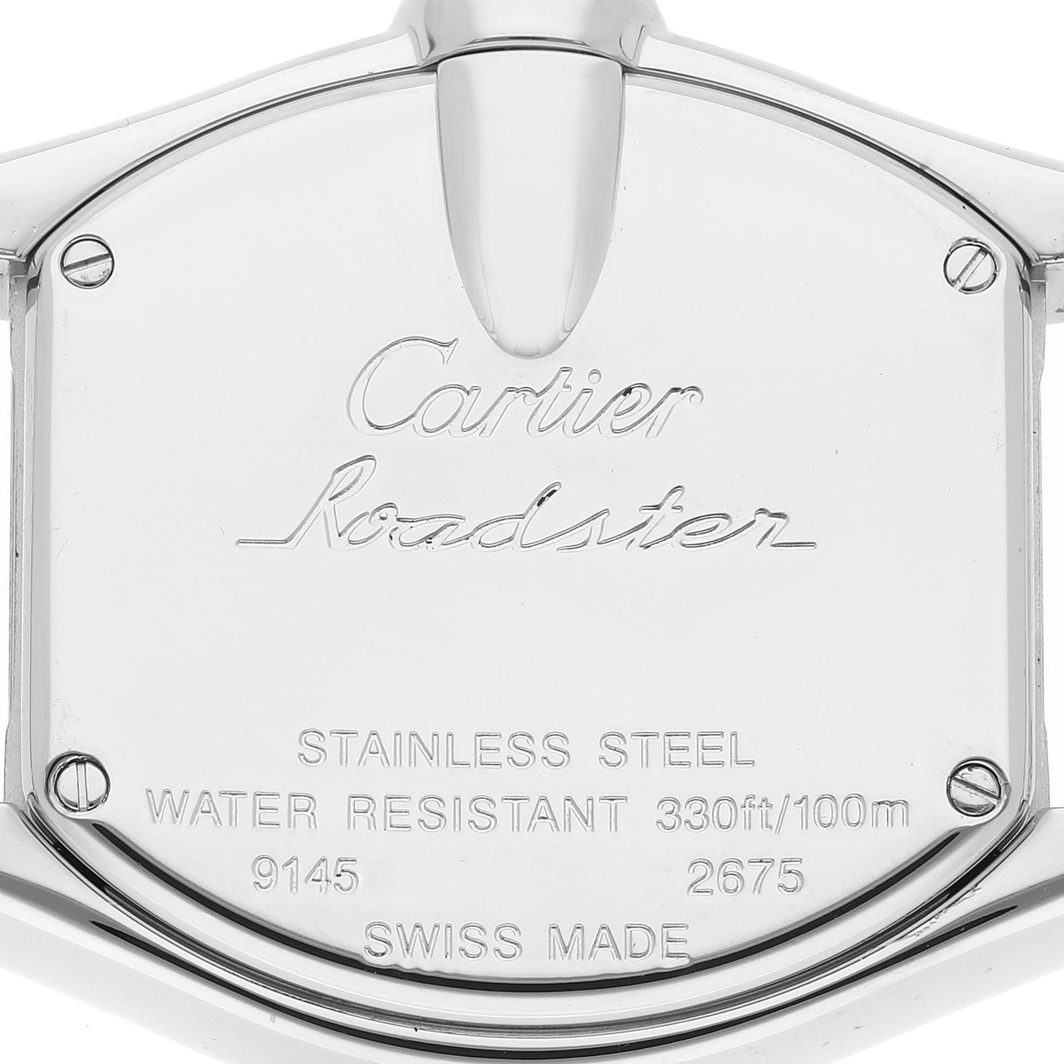 The image shows the back casing of a Cartier Roadster W6206006 Women's Stainless Steel Mother of Pearl Dial W6206006 Women's Stainless Steel Mother of Pearl Dial watch with engraved specifications.