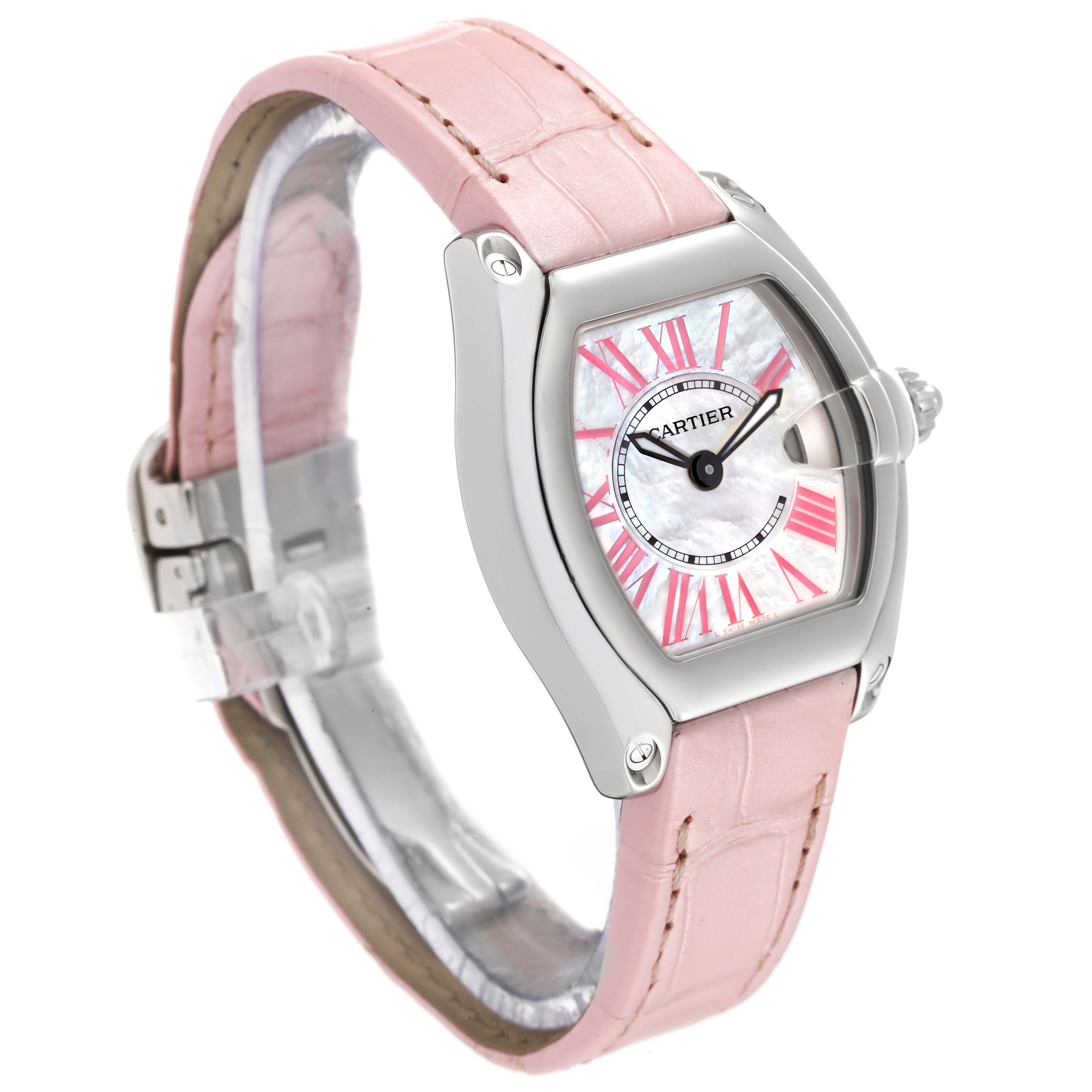 The image shows a Cartier Roadster W6206006 Women's Stainless Steel Mother of Pearl Dial W6206006 Women's Stainless Steel Mother of Pearl Dial watch at a slight angle, highlighting its pink strap, Roman numeral dial, and case.