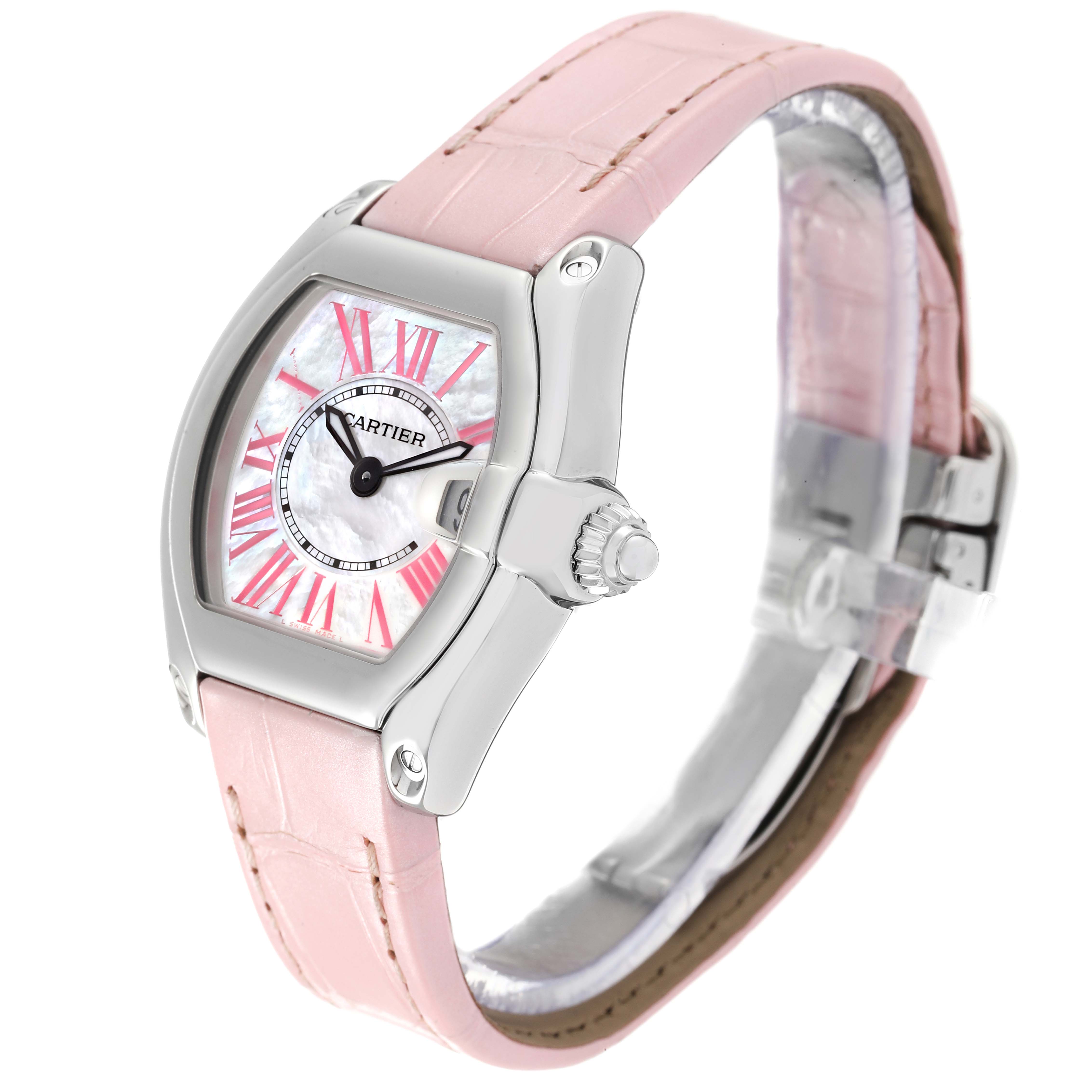 The Cartier Roadster W6206006 Women's Stainless Steel Mother of Pearl Dial W6206006 Women's Stainless Steel Mother of Pearl Dial watch is shown at a slight angle, displaying its face, pink strap, and crown.