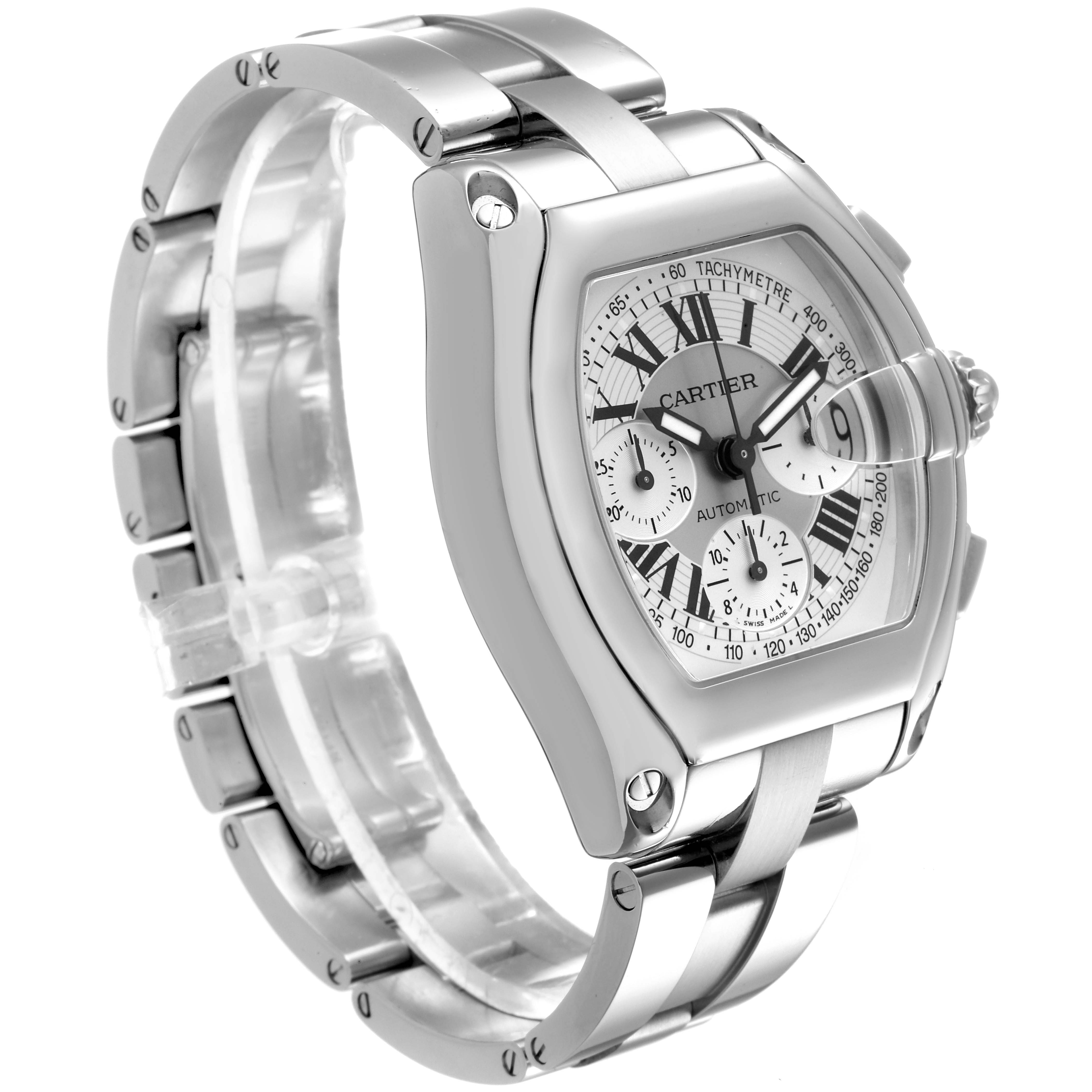 The image shows a Cartier Roadster W62006X6 Men's Stainless Steel Silver Dial W62006X6 Men's Stainless Steel Silver Dial watch at a slight angle, highlighting its face, bracelet, and case.