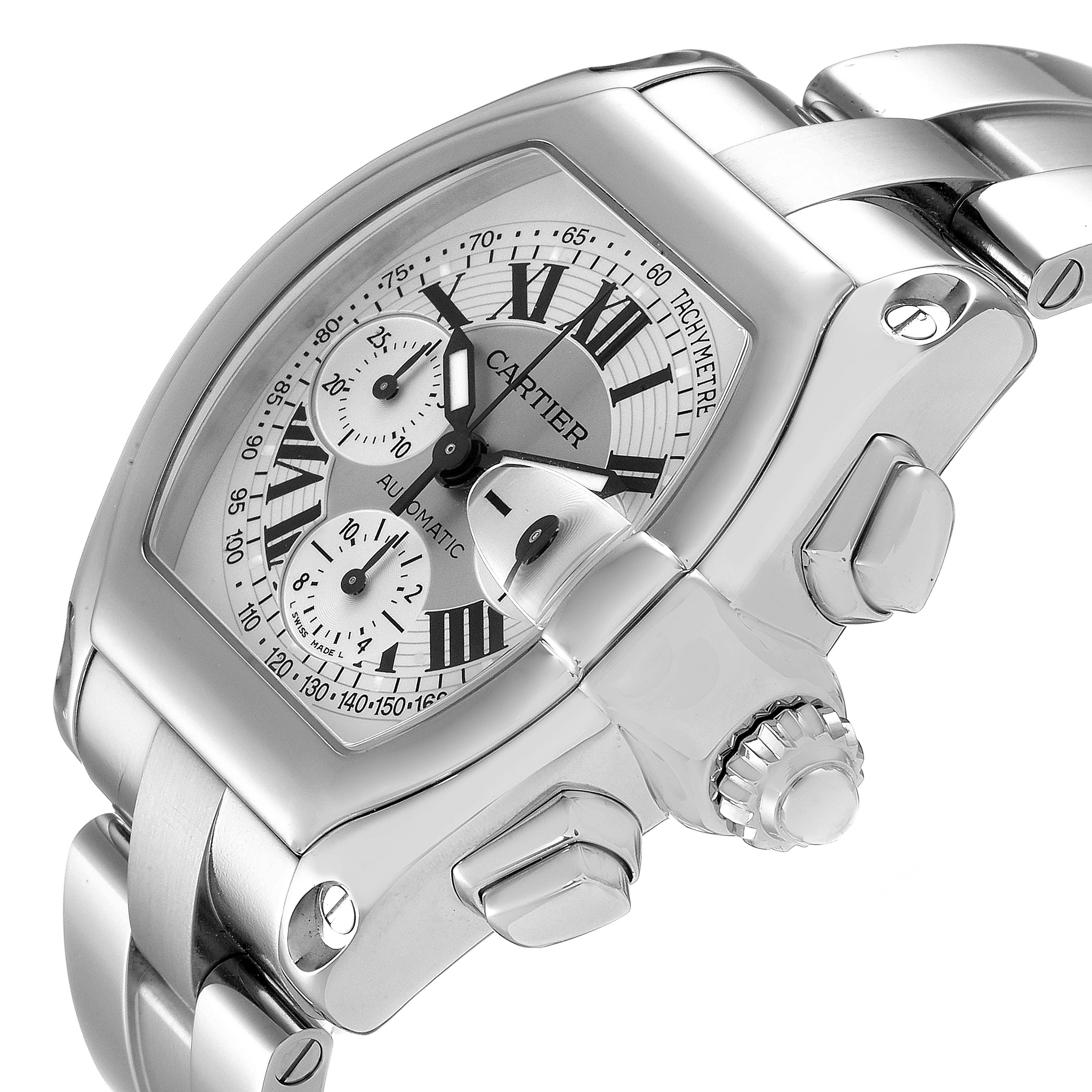 The image shows a Cartier Roadster W62006X6 Men's Stainless Steel Silver Dial W62006X6 Men's Stainless Steel Silver Dial watch from an angled view, highlighting the dial, crown, and part of the bracelet.