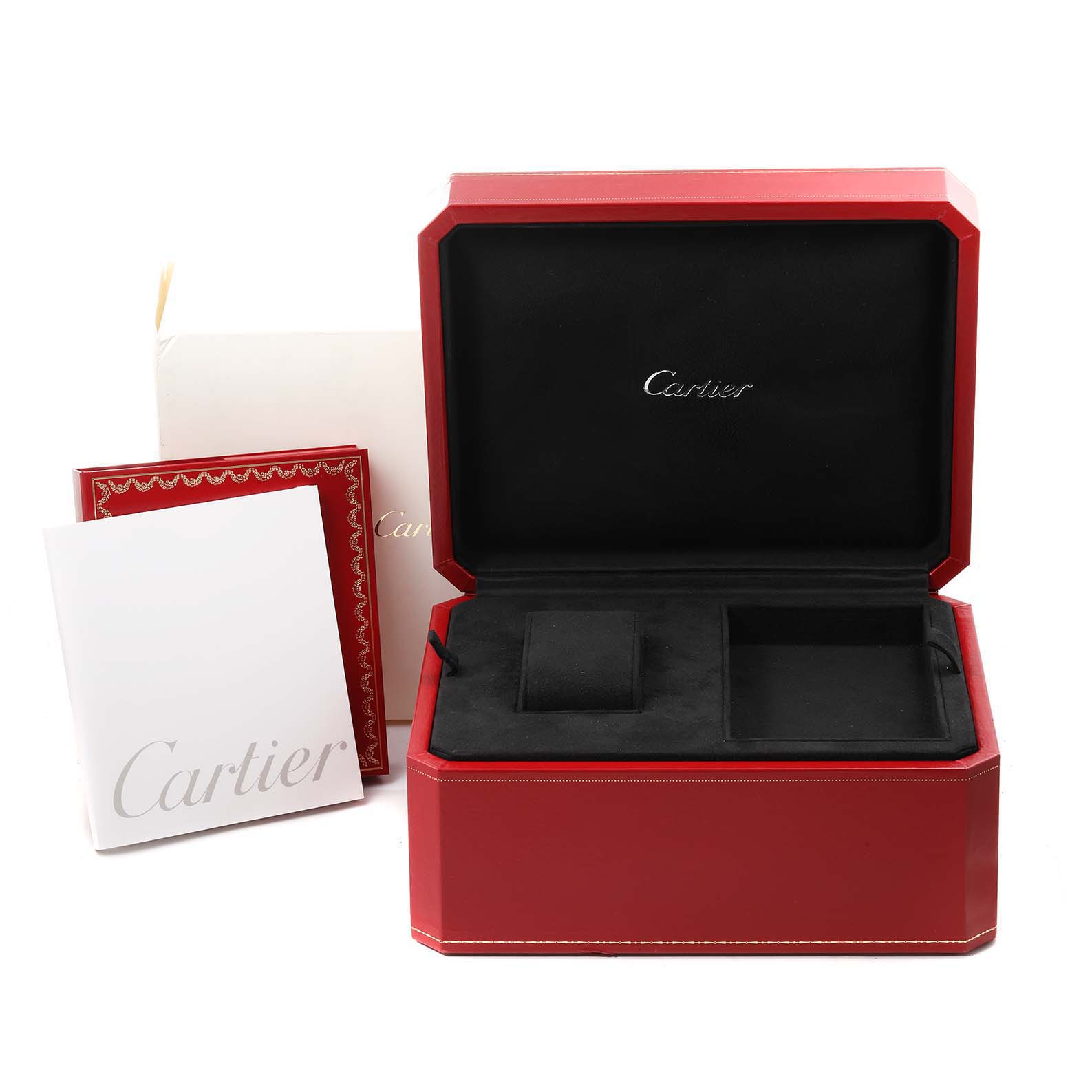 The image shows an open red and black Cartier watch box for the Roadster model, along with accompanying documentation.