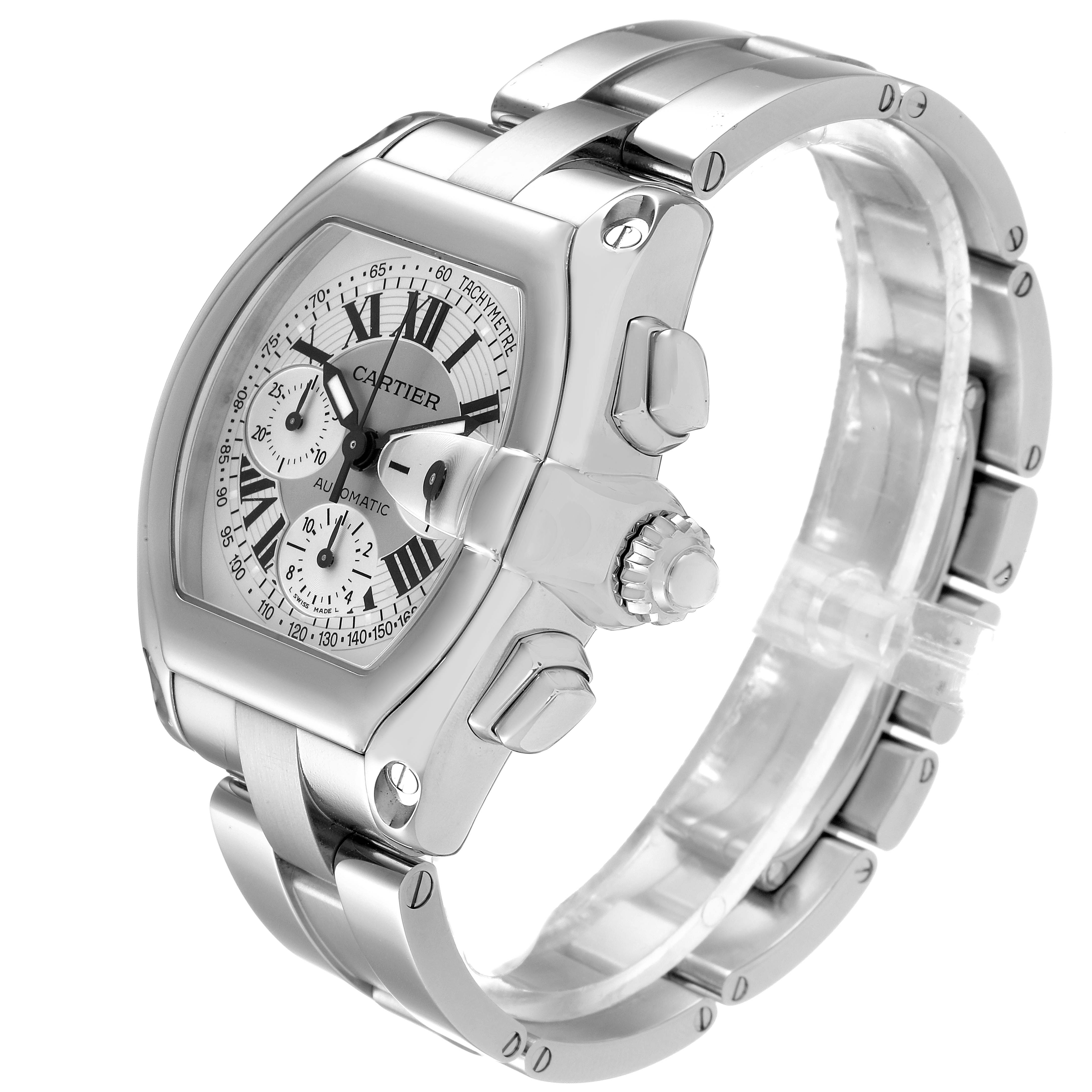 The Cartier Roadster W62006X6 Men's Stainless Steel Silver Dial W62006X6 Men's Stainless Steel Silver Dial watch is shown at a slight angle, highlighting the dial, crown, and stainless steel bracelet.