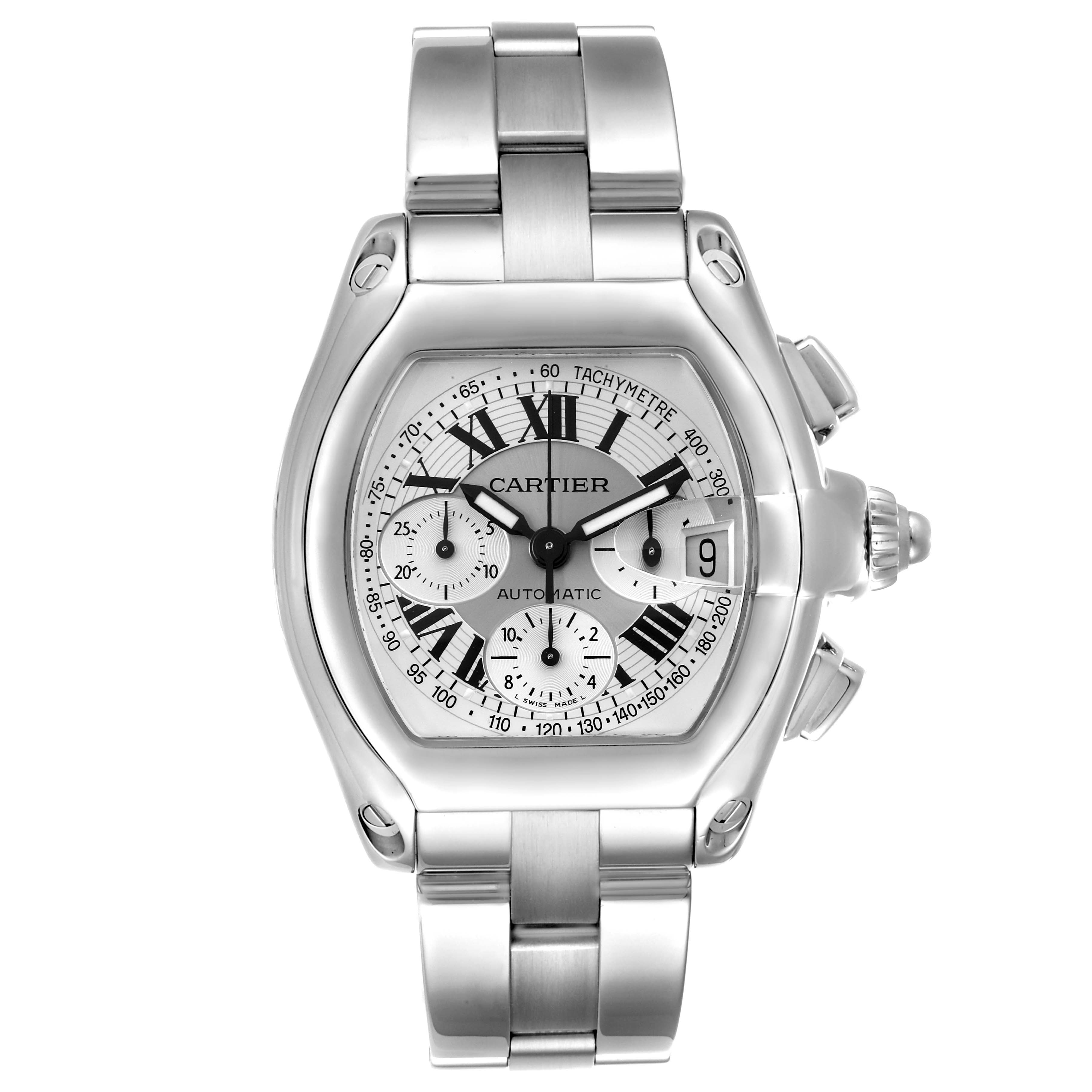 The image shows a Cartier Roadster W62006X6 Men's Stainless Steel Silver Dial W62006X6 Men's Stainless Steel Silver Dial model watch from a front angle, displaying its bracelet, case, and dial with tachymetre.