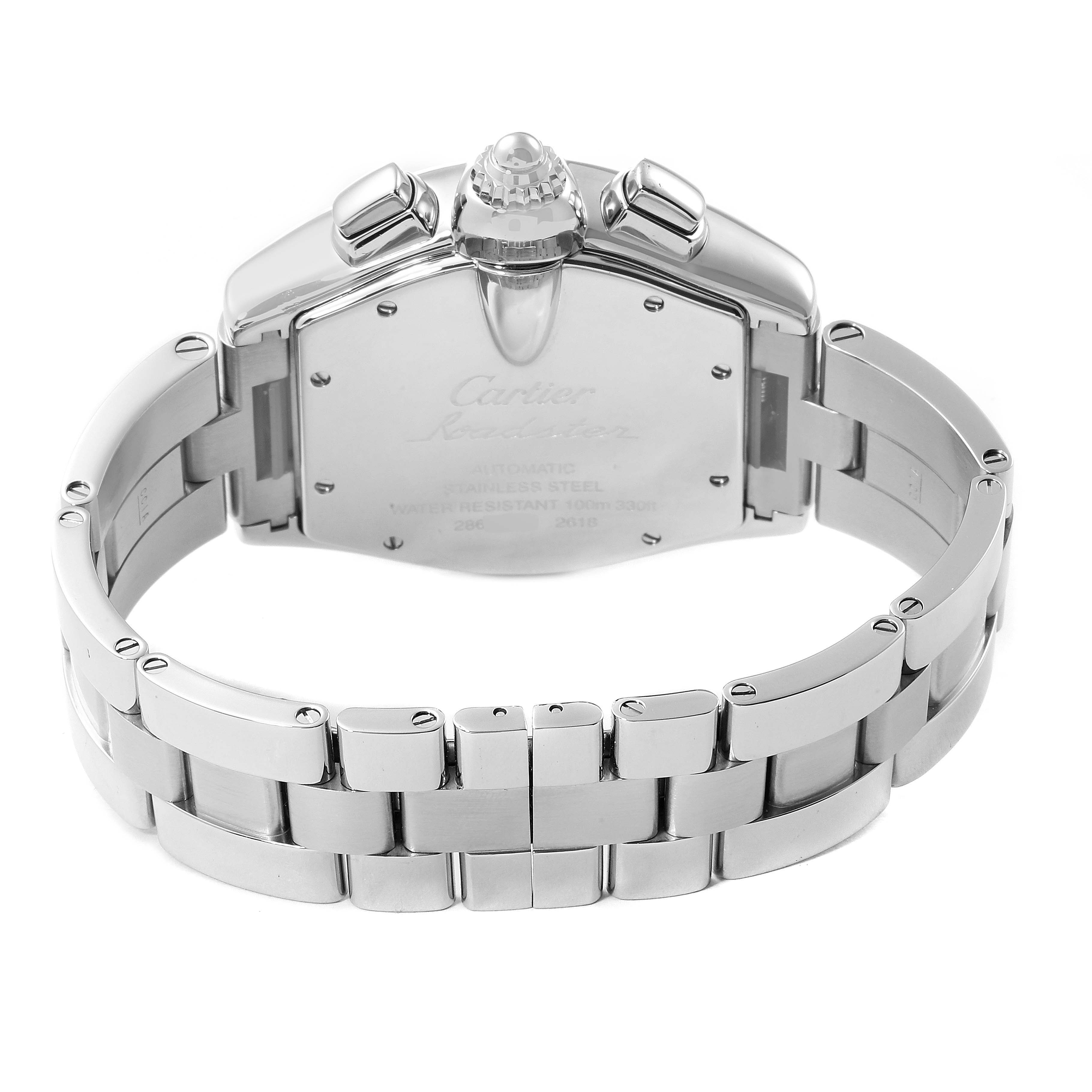 This image shows the back view of the Cartier Roadster W62006X6 Men's Stainless Steel Silver Dial W62006X6 Men's Stainless Steel Silver Dial watch, highlighting its stainless steel case and bracelet.