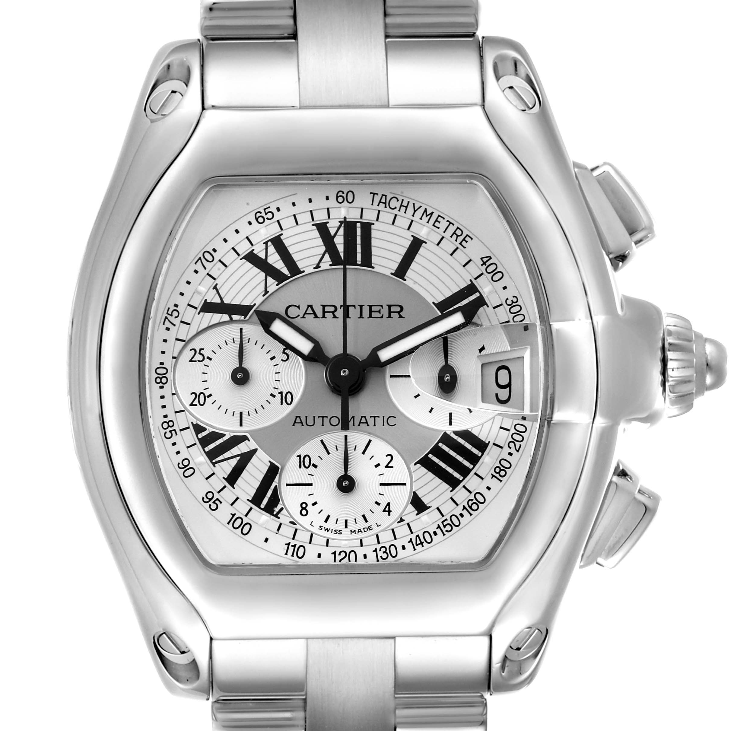 The image shows a frontal view of the Cartier Roadster W62006X6 Men's Stainless Steel Silver Dial W62006X6 Men's Stainless Steel Silver Dial watch, highlighting the dial, bezel, and part of the bracelet.