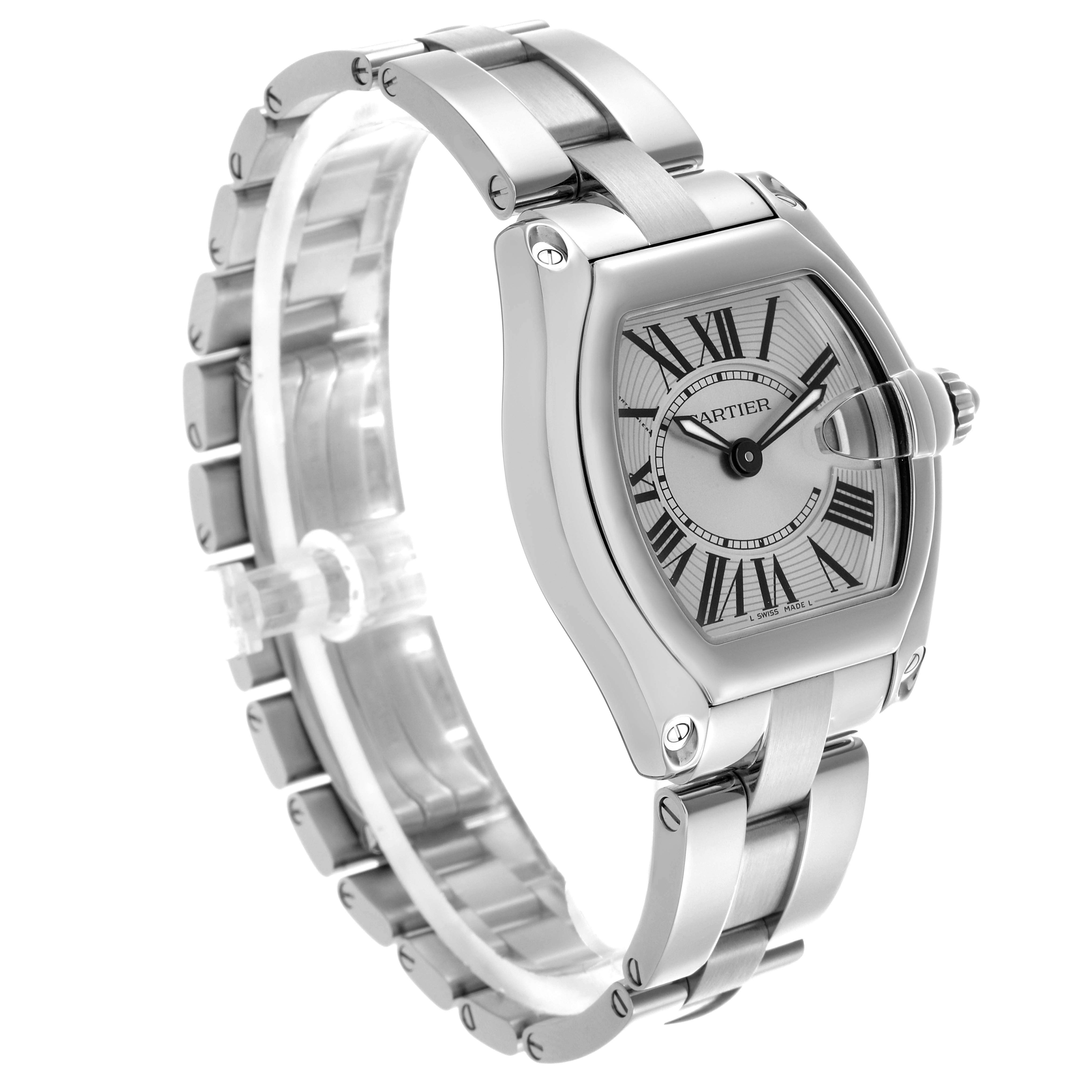 The Cartier Roadster W62016V3 Women
s Stainless Steel Silver Dial W62016V3 Women
s Stainless Steel Silver Dial watch is shown from a three-quarter angle, highlighting the face, crown, and bracelet.