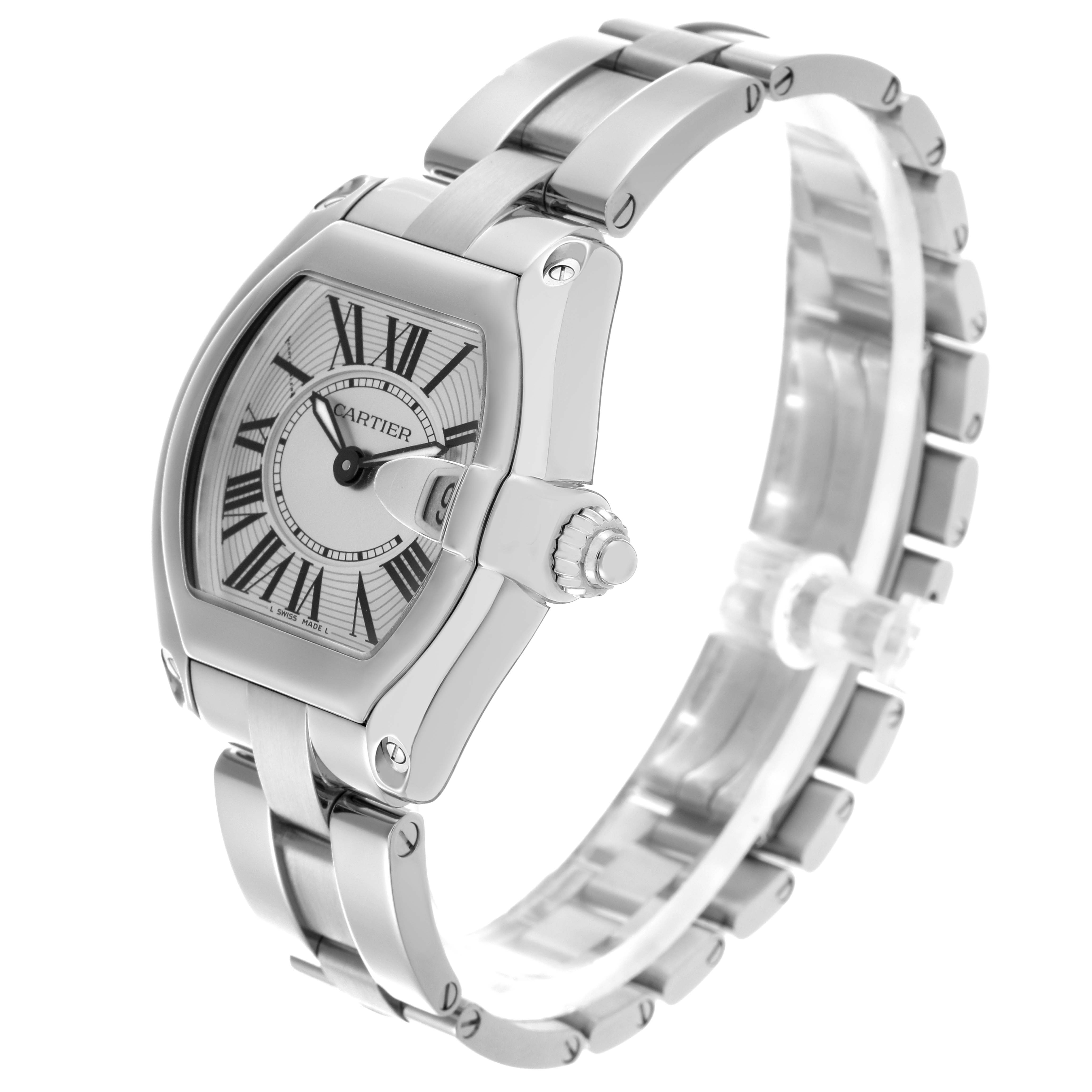 The Cartier Roadster W62016V3 Women
s Stainless Steel Silver Dial W62016V3 Women
s Stainless Steel Silver Dial watch is shown at a three-quarter angle, displaying its dial, case, crown, and bracelet.