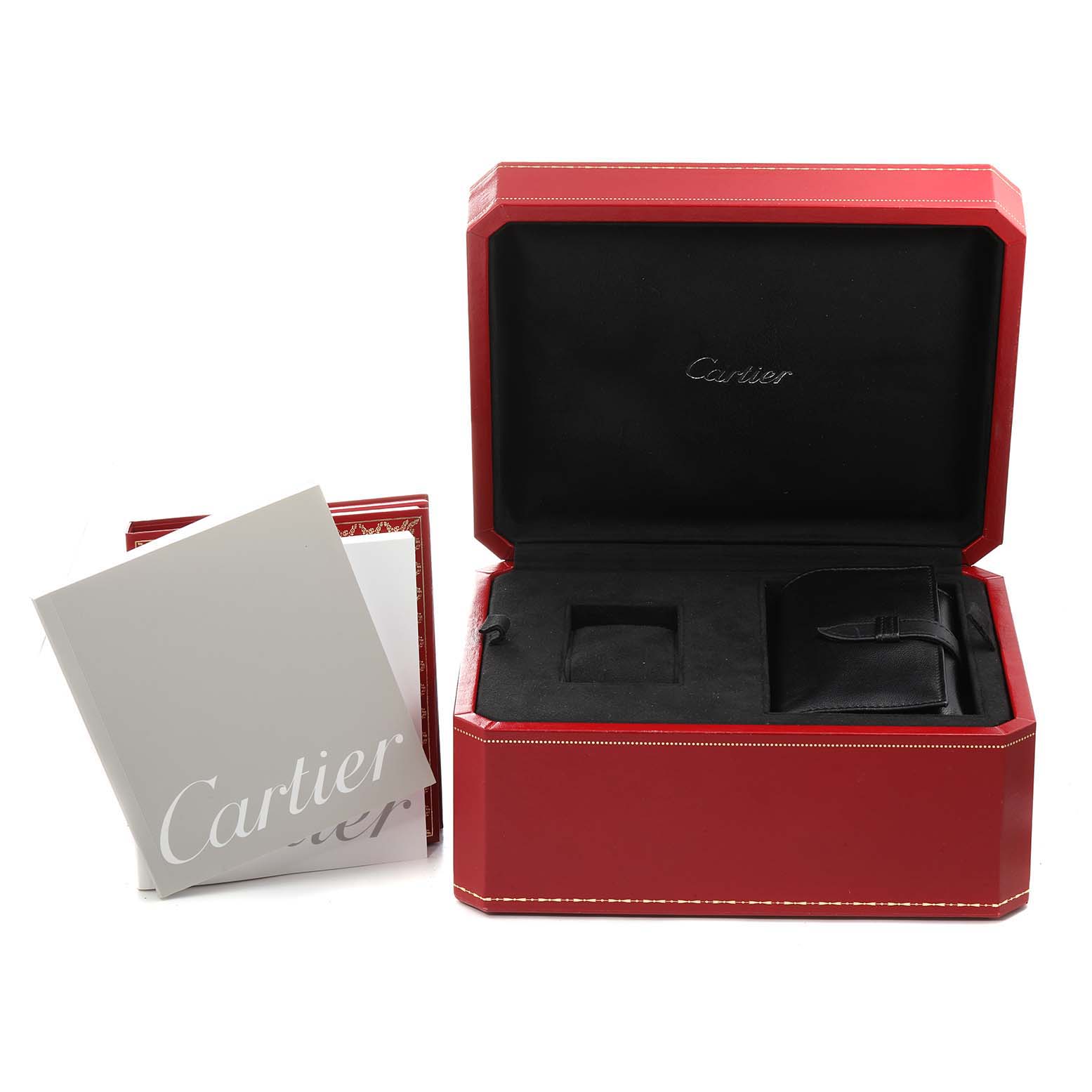 The image shows the open red presentation box and booklet for the Roadster model by Cartier from a front angle.