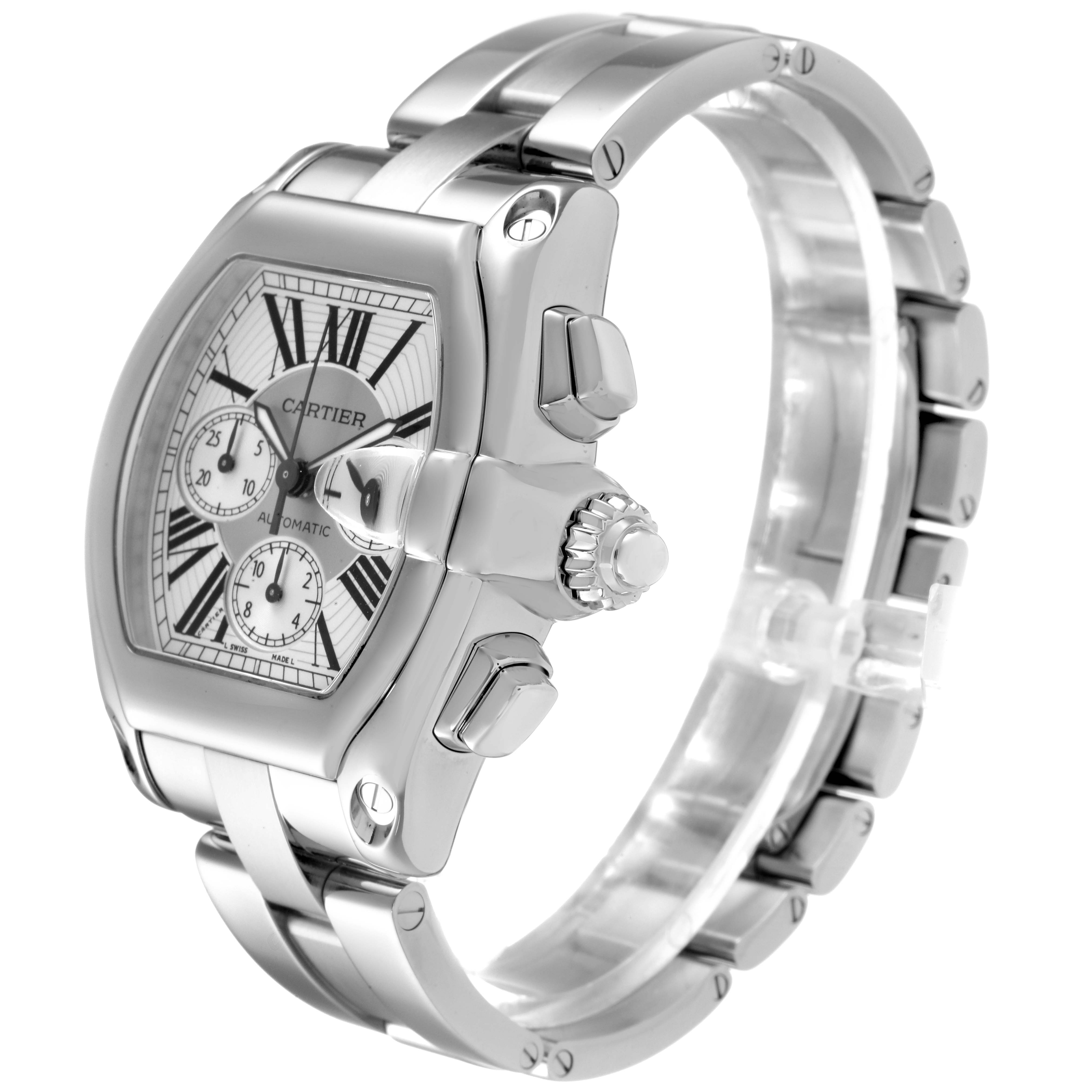 The image shows a Cartier Roadster W62019X6 Men
s Stainless Steel Silver Dial W62019X6 Men
s Stainless Steel Silver Dial watch at a three-quarter angle, highlighting the face, crown, and bracelet.