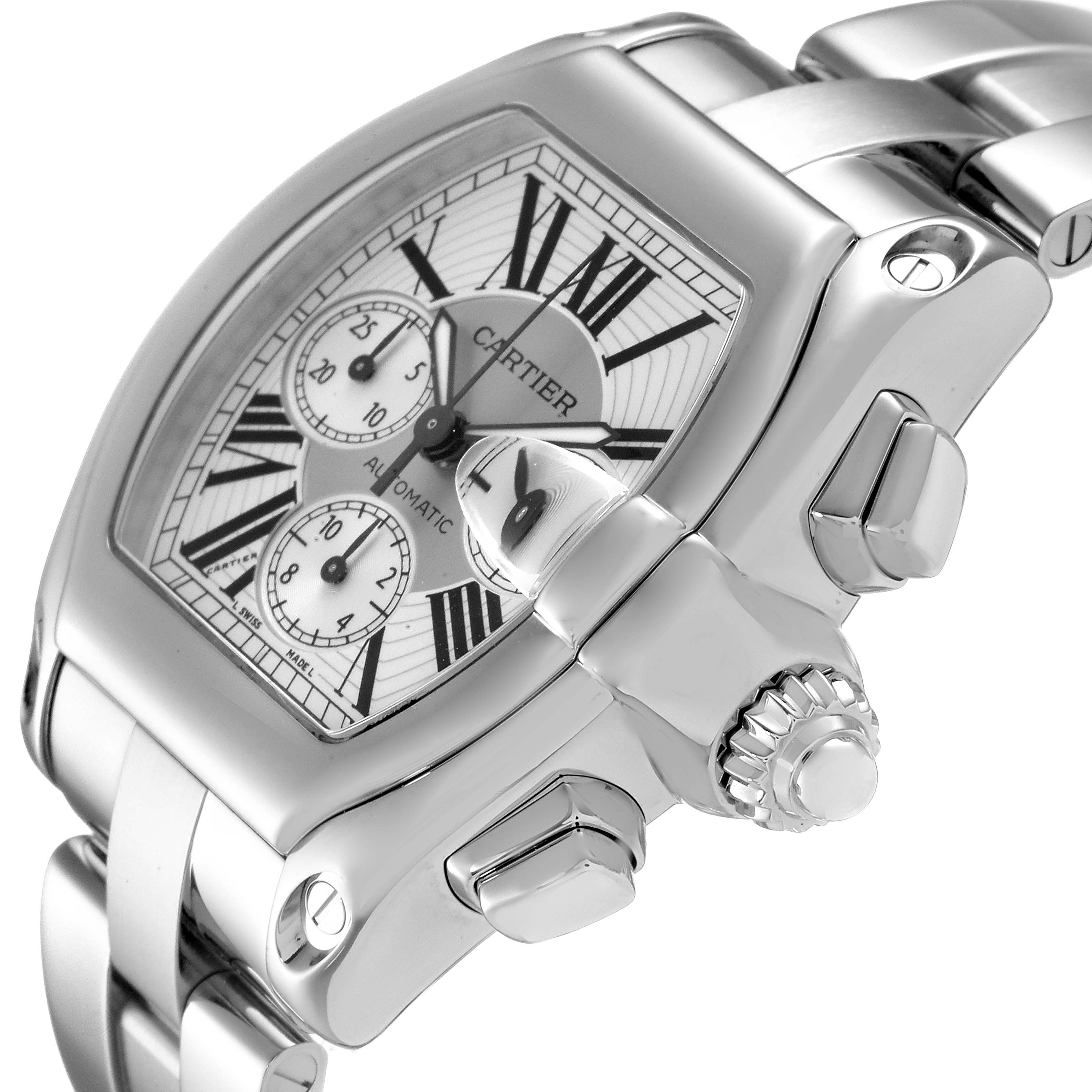 The image shows a close-up, side angle of the Cartier Roadster W62019X6 Men
s Stainless Steel Silver Dial W62019X6 Men
s Stainless Steel Silver Dial watch, highlighting the crown, pushers, and part of the bracelet.