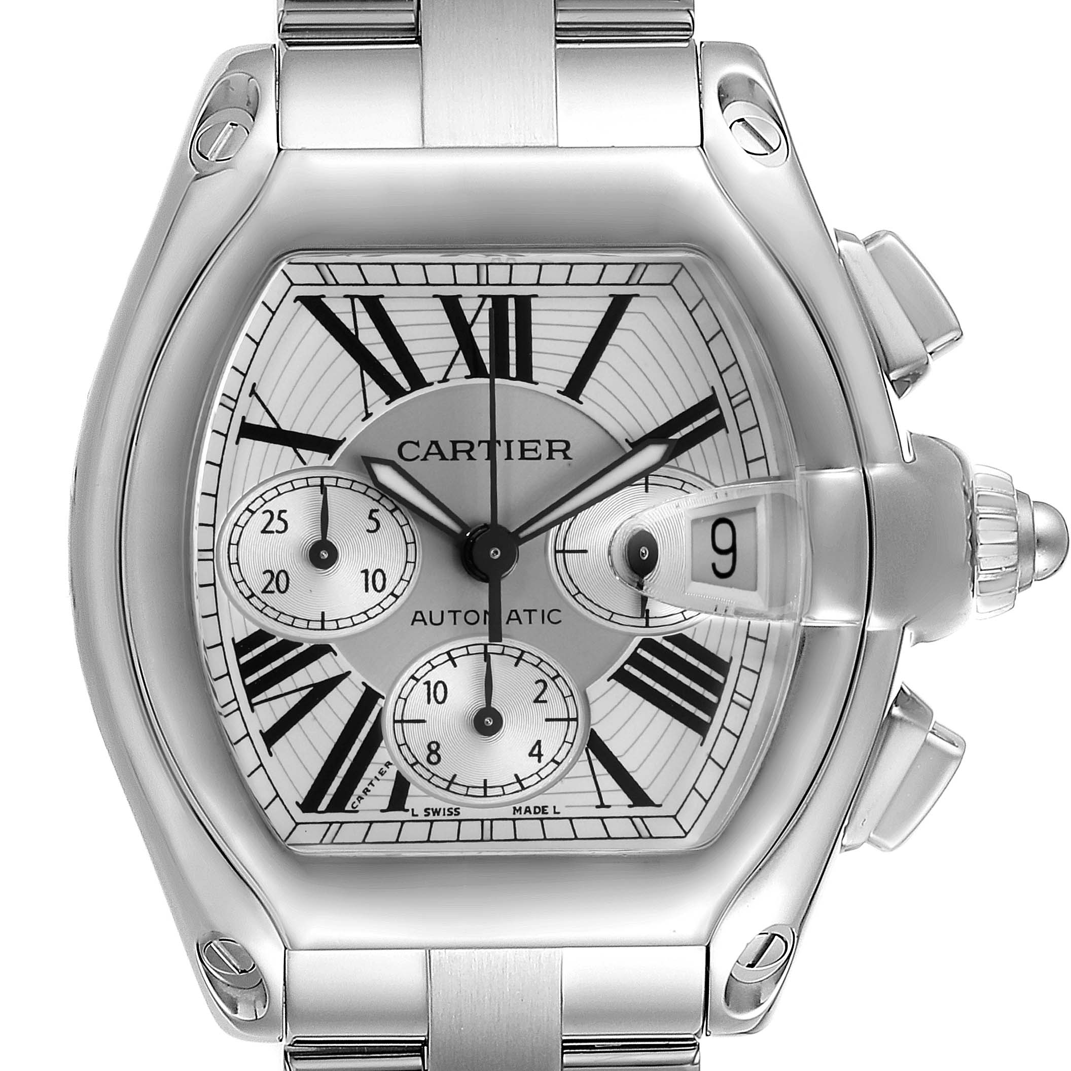 The image displays a close-up front view of a Cartier Roadster W62019X6 Men
s Stainless Steel Silver Dial W62019X6 Men
s Stainless Steel Silver Dial watch, highlighting its dial, bezels, and bracelet attachments.