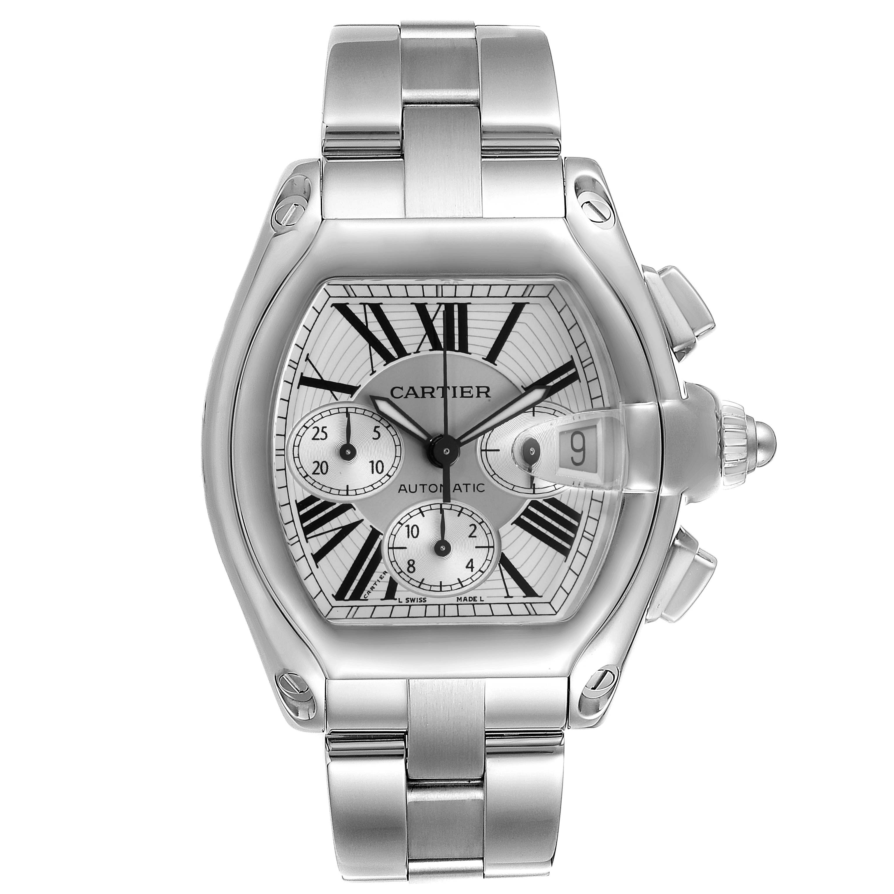 The Cartier Roadster W62019X6 Men
s Stainless Steel Silver Dial W62019X6 Men
s Stainless Steel Silver Dial watch is shown from a front view, displaying its face, bezel, bracelet, and chronograph feature.