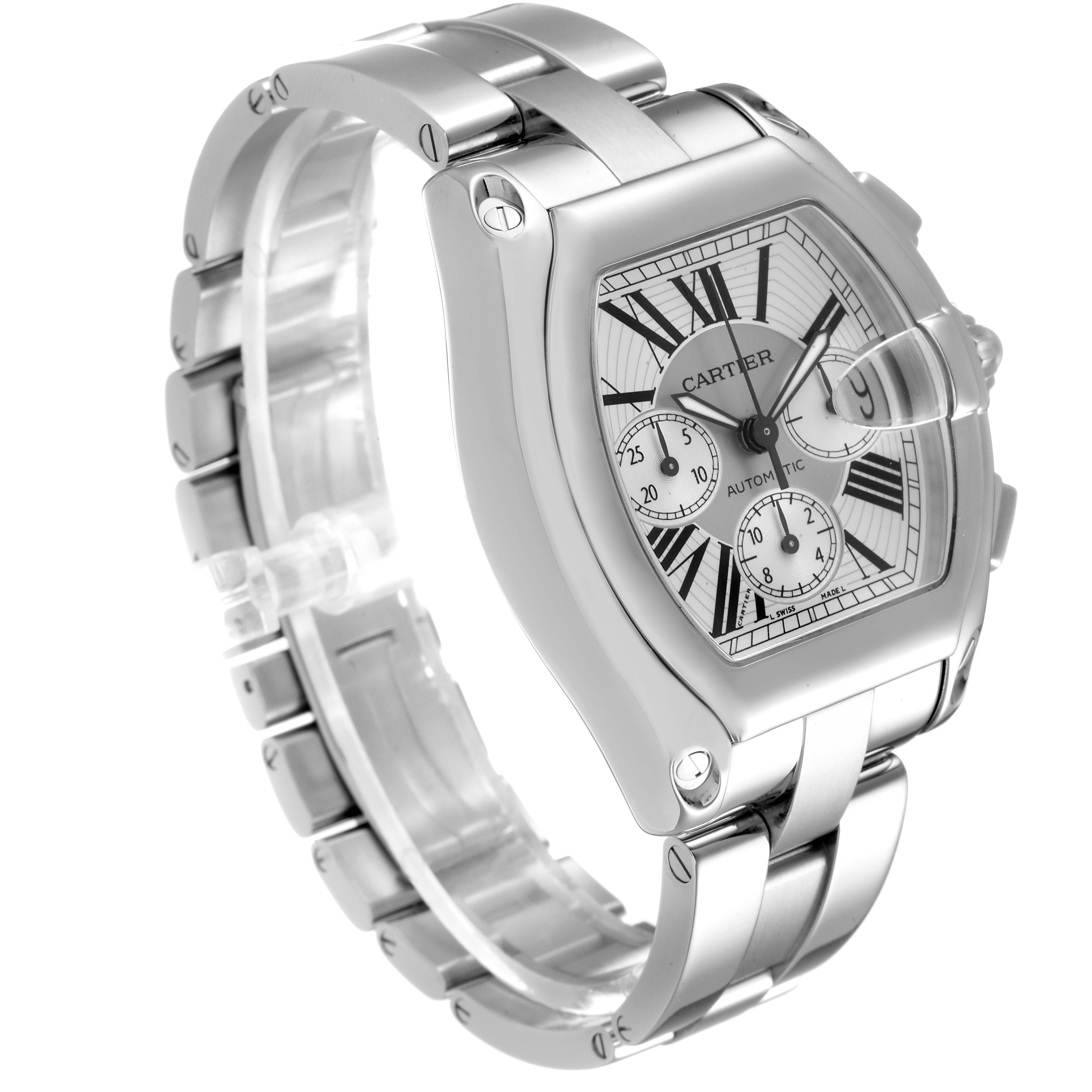 The image shows a Cartier Roadster W62019X6 Men
s Stainless Steel Silver Dial W62019X6 Men
s Stainless Steel Silver Dial watch at an oblique angle, highlighting the face, bezel, crown, and part of the bracelet.