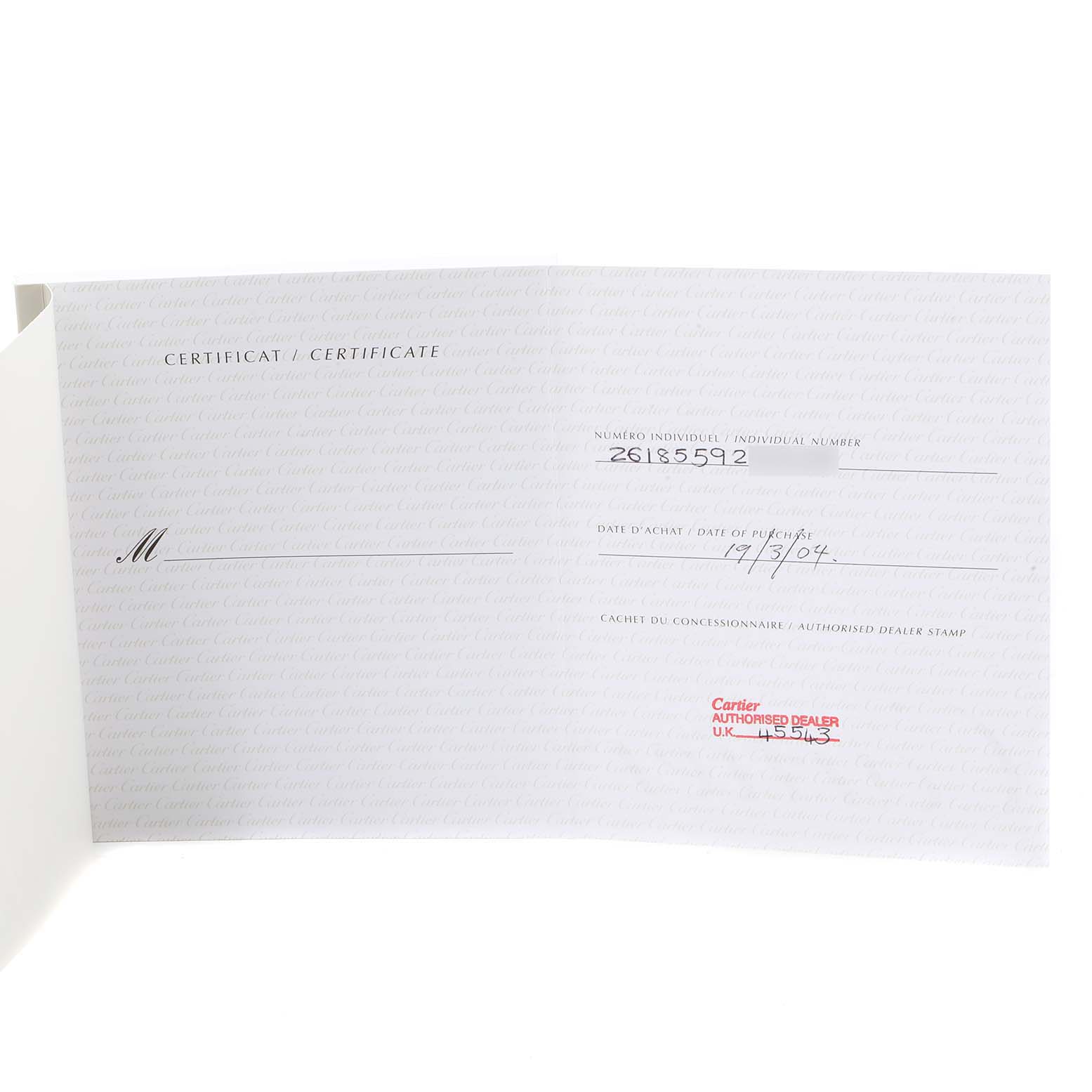 The image shows an open certificate with details for a Cartier Roadster W62019X6 Men
s Stainless Steel Silver Dial W62019X6 Men
s Stainless Steel Silver Dial model watch.