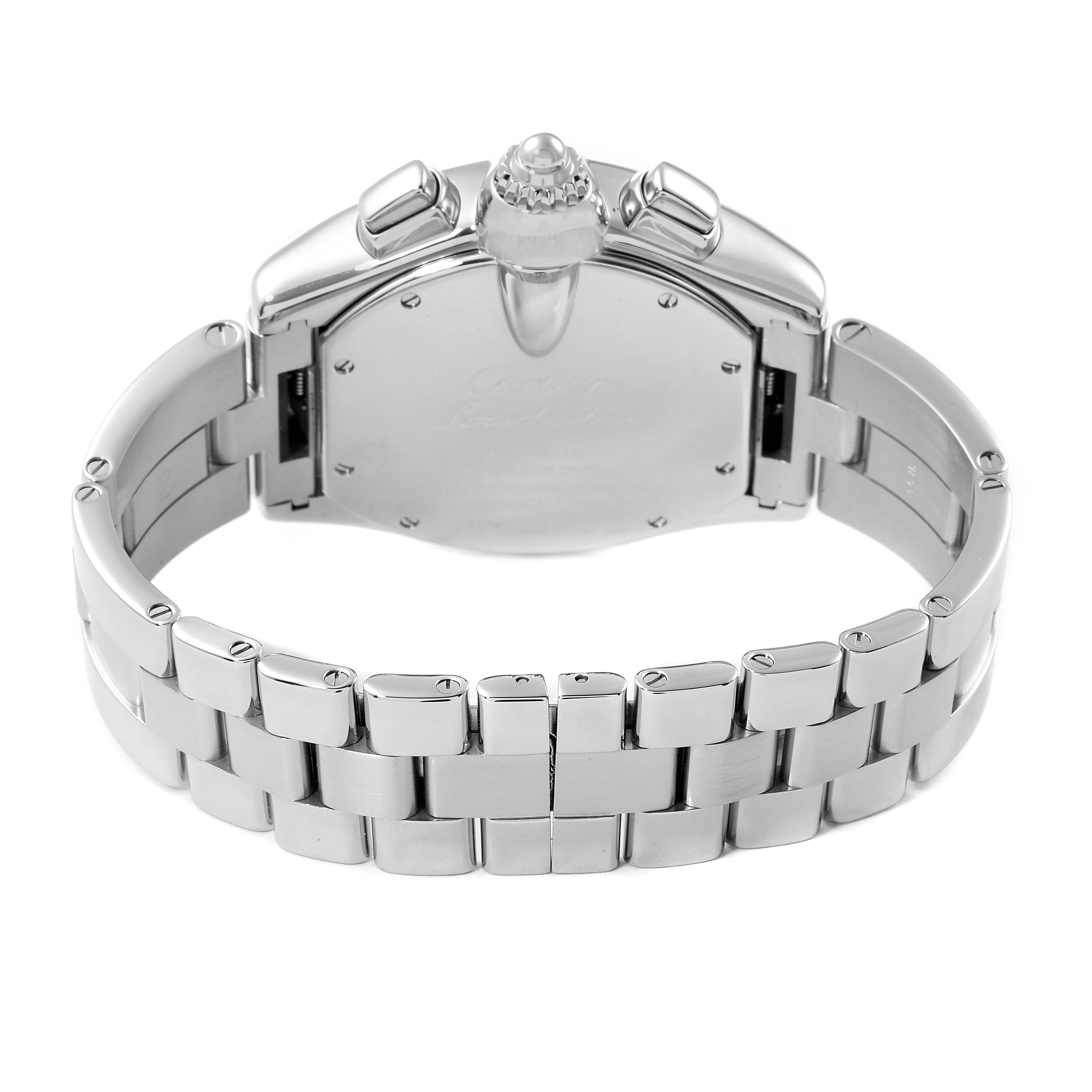 This image shows the back view of the Cartier Roadster W62019X6 Men
s Stainless Steel Silver Dial W62019X6 Men
s Stainless Steel Silver Dial watch, featuring its stainless steel bracelet and caseback.