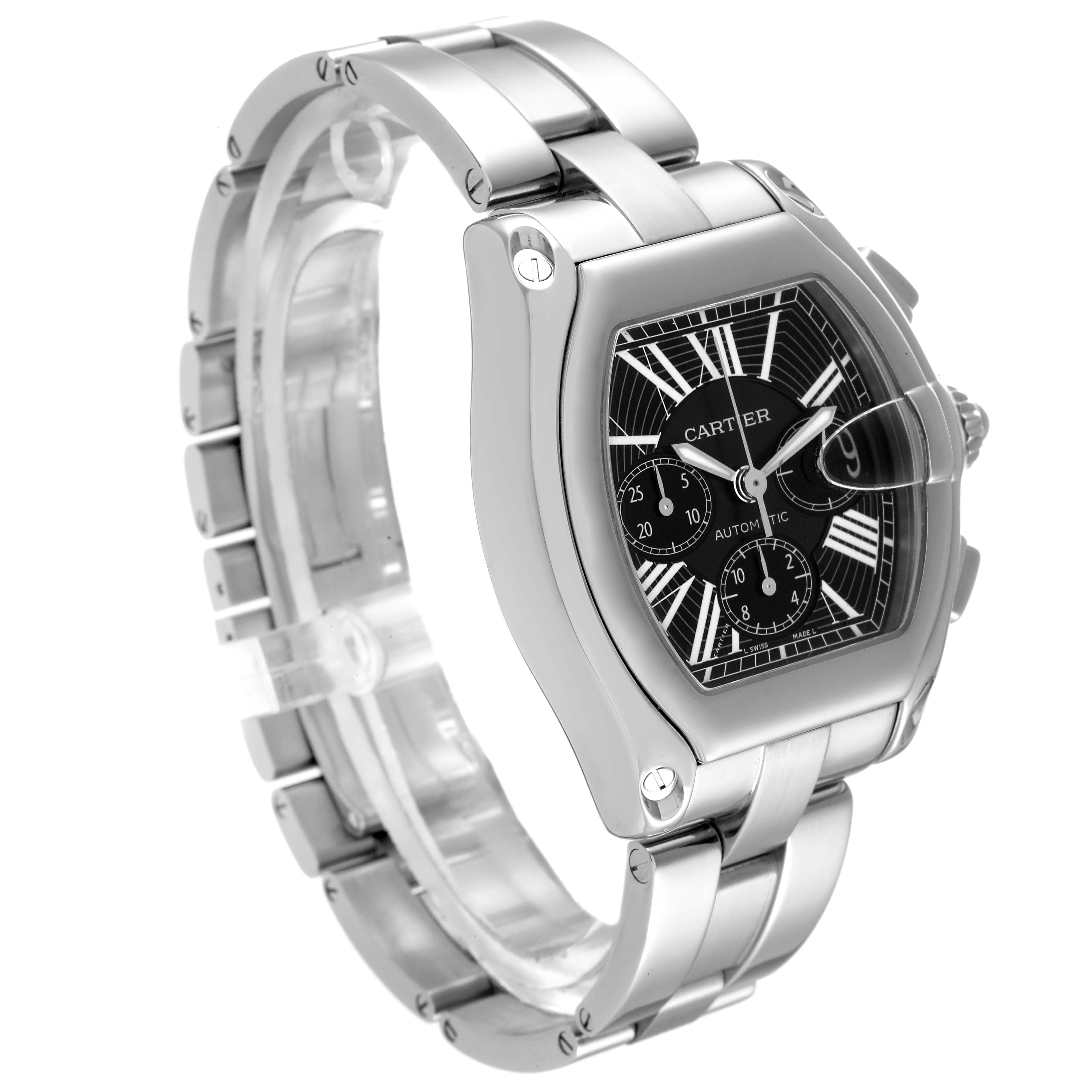 This image shows a side view of the Cartier Roadster W62020X6 Men's Stainless Steel Black Dial W62020X6 Men's Stainless Steel Black Dial watch, displaying its face, crown, and metal bracelet.