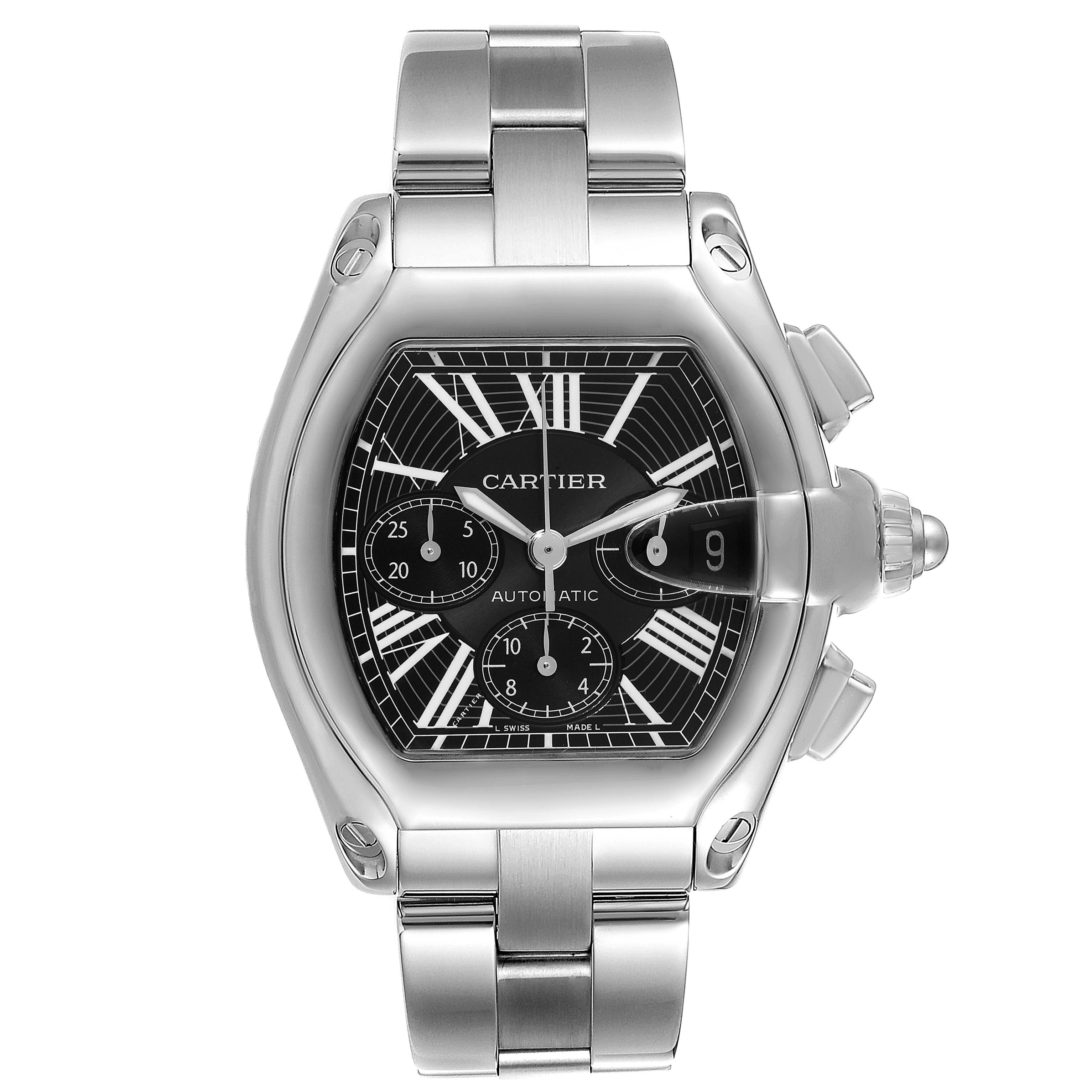This image shows a Cartier Roadster W62020X6 Men's Stainless Steel Black Dial W62020X6 Men's Stainless Steel Black Dial watch from a frontal angle, highlighting the face, bezel, and partial bracelet.