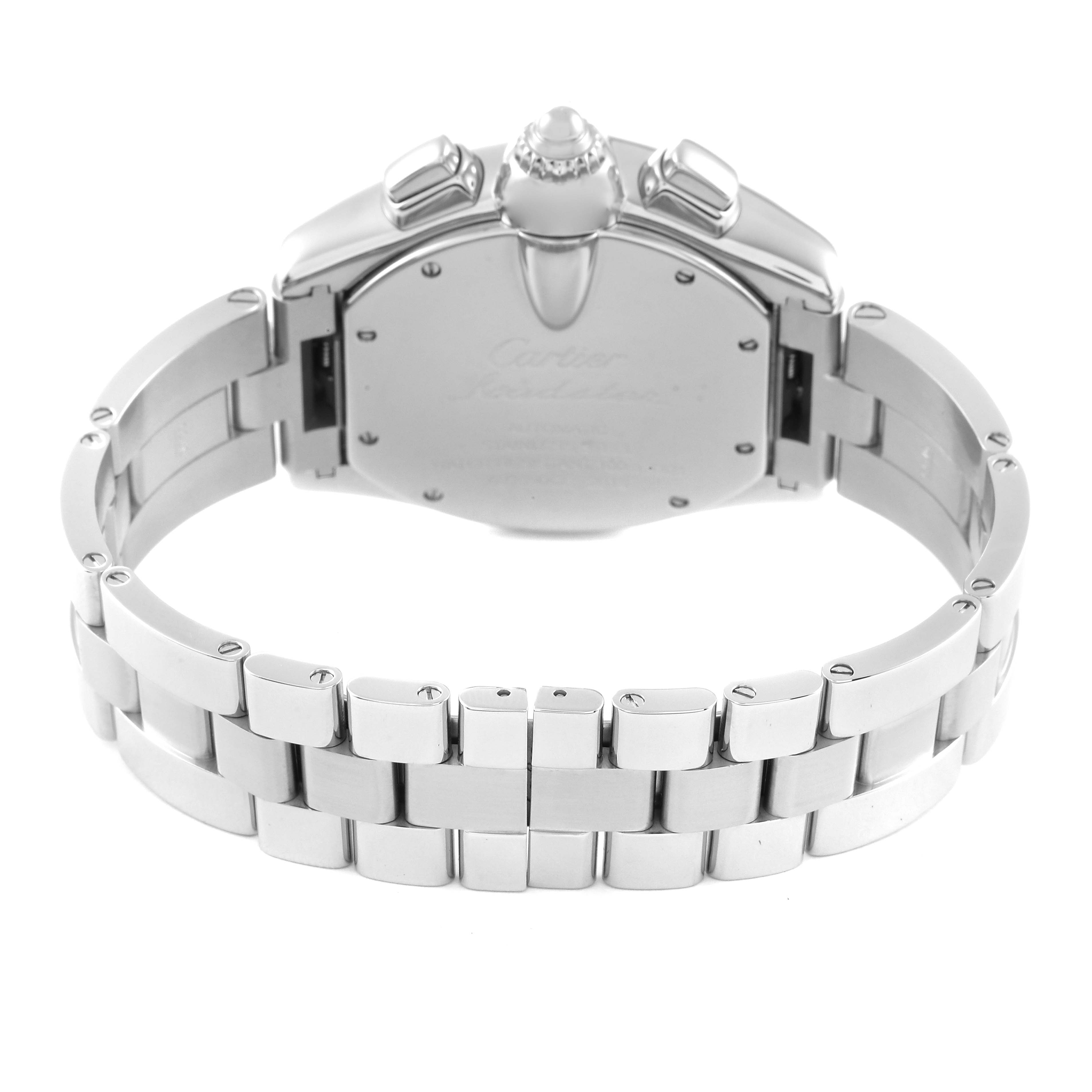 This image shows the back view of a Cartier Roadster W62020X6 Men's Stainless Steel Black Dial W62020X6 Men's Stainless Steel Black Dial watch, highlighting the case back and metal bracelet.