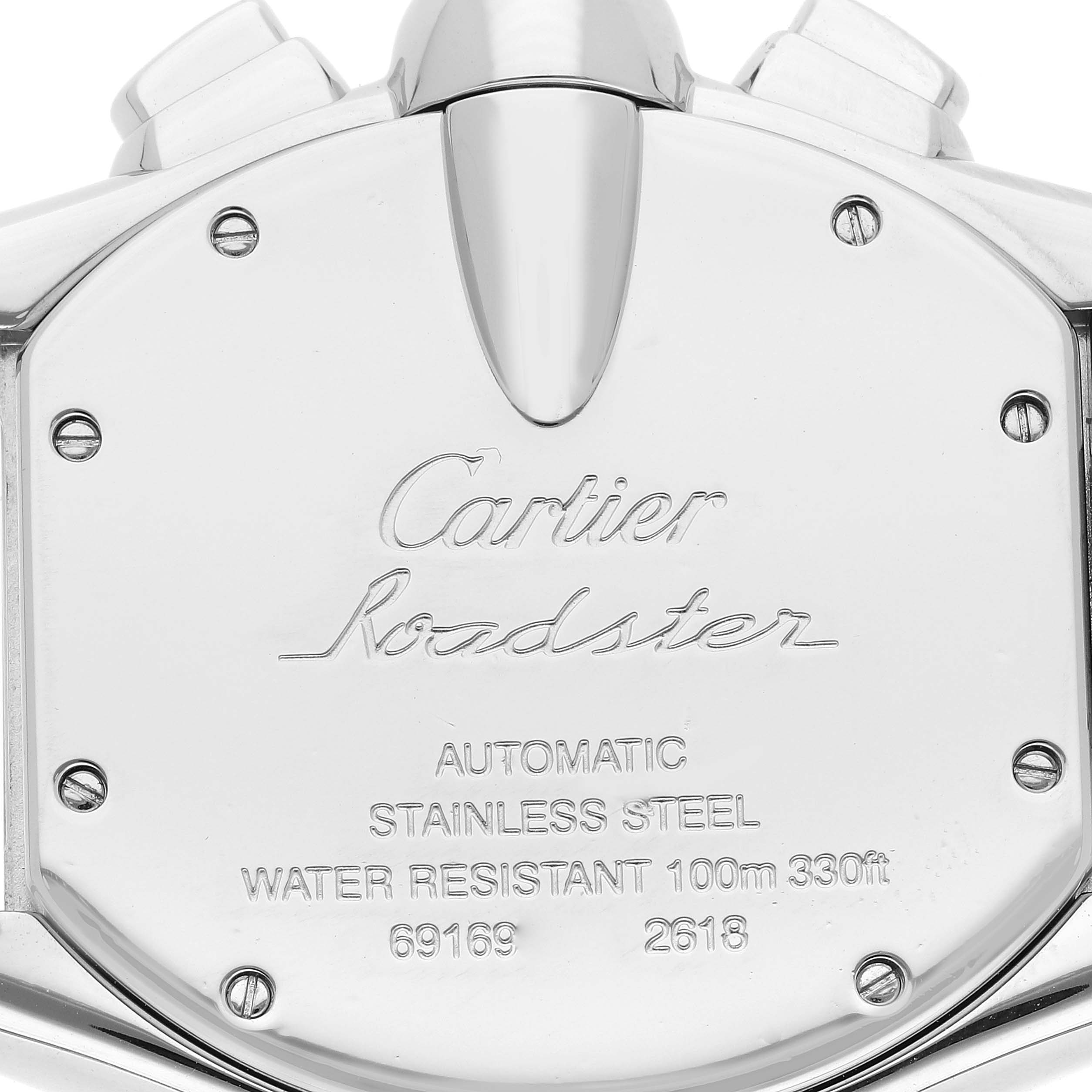 This image shows the back case of the Cartier Roadster W62020X6 Men's Stainless Steel Black Dial W62020X6 Men's Stainless Steel Black Dial watch, featuring the brand name, model, and specifications.