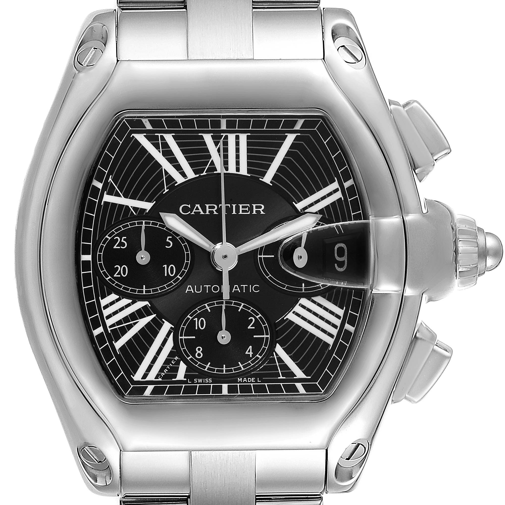 The Cartier Roadster W62020X6 Men's Stainless Steel Black Dial W62020X6 Men's Stainless Steel Black Dial watch is shown from a front angle, displaying the face, crown, and part of the bracelet.