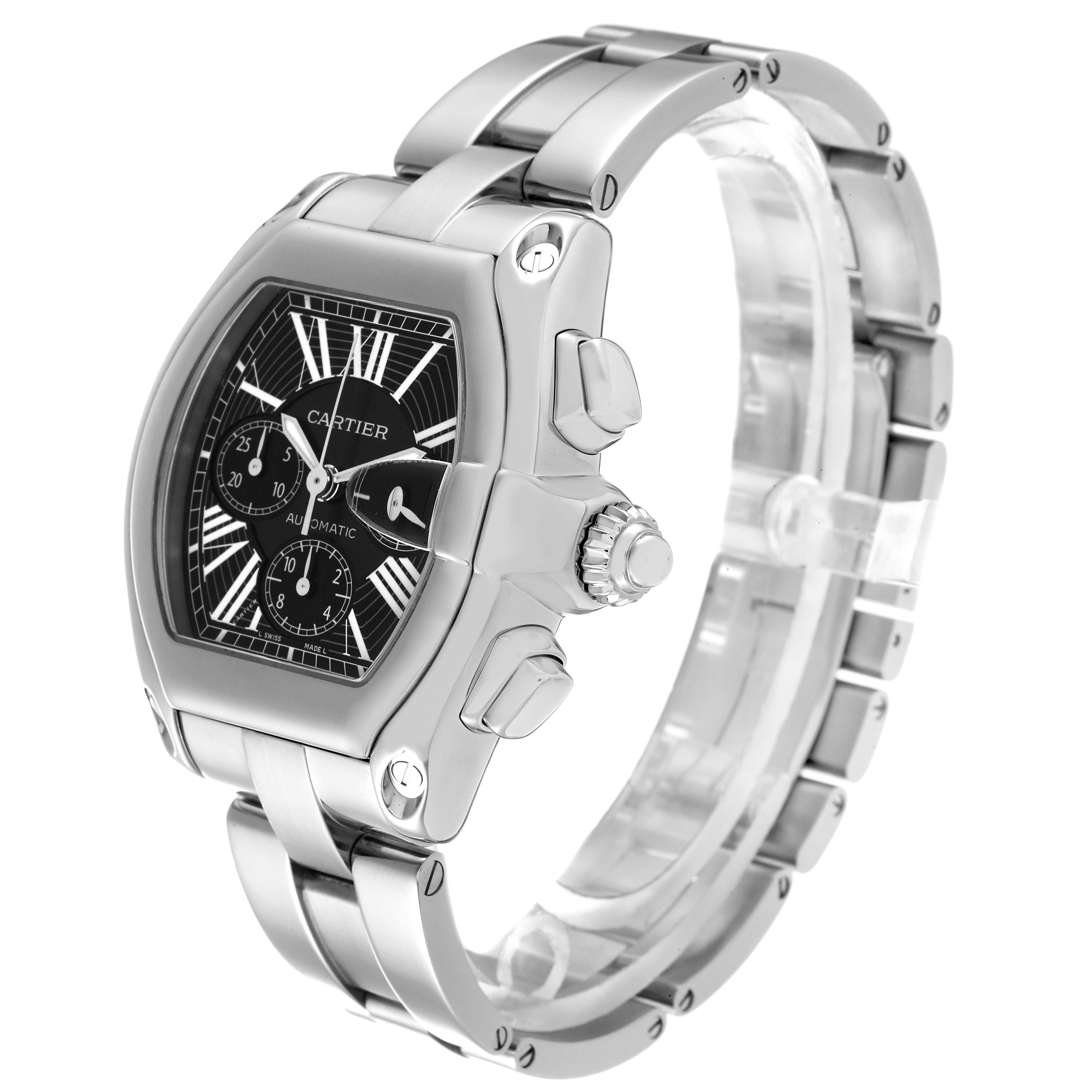 The image shows a Cartier Roadster W62020X6 Men's Stainless Steel Black Dial W62020X6 Men's Stainless Steel Black Dial watch from an angled front view, highlighting its face, bezel, and bracelet.